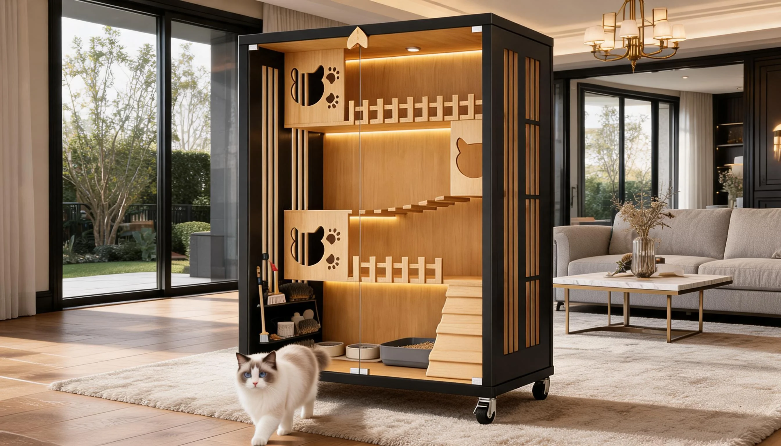 Stainless Steel Solid Wood Multi-Level Cat Cage · Bottom Tray · GuardLynx