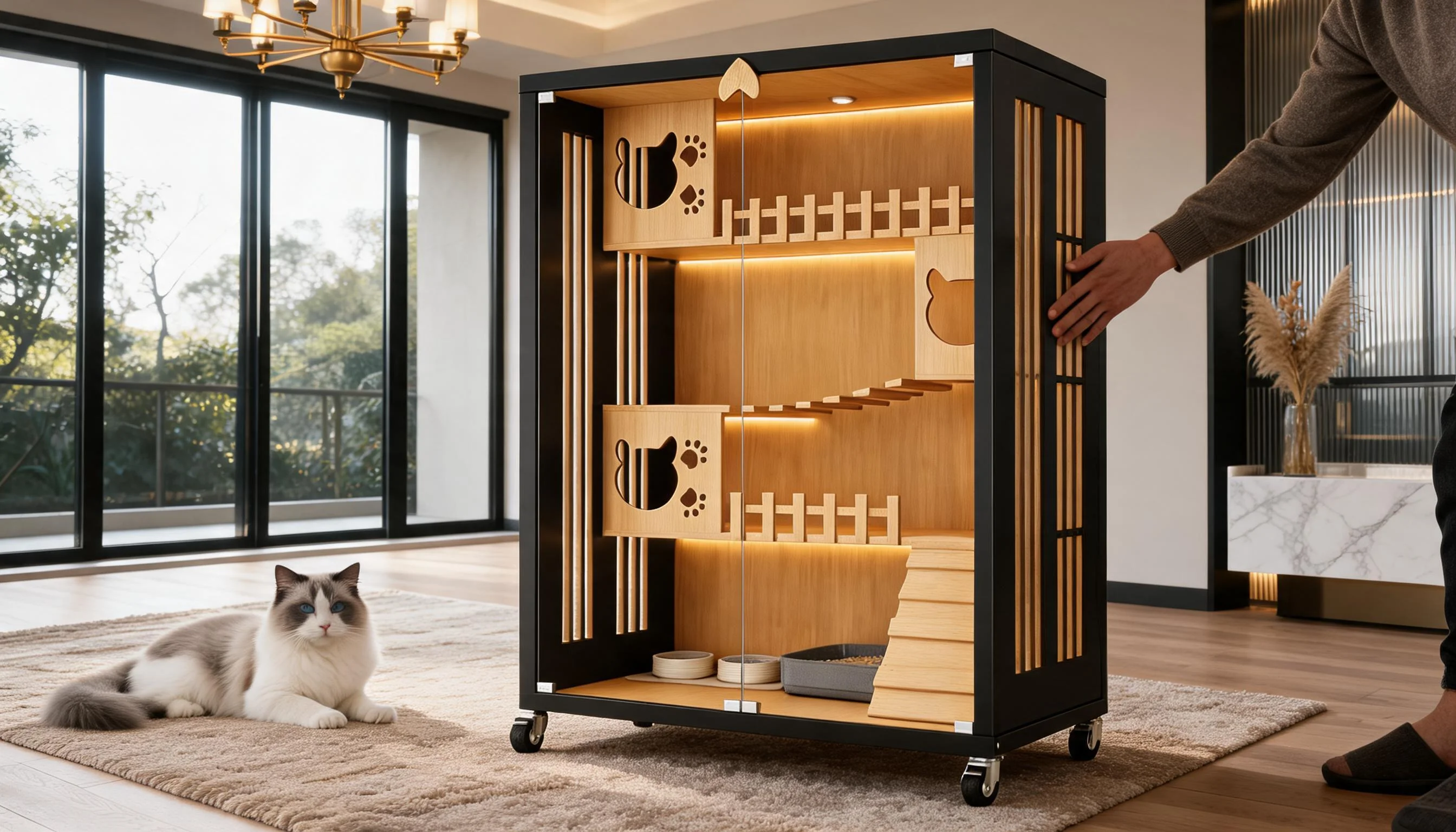 Stainless Steel Solid Wood Multi-Level Cat Cage · Caster Wheels · GuardLynx