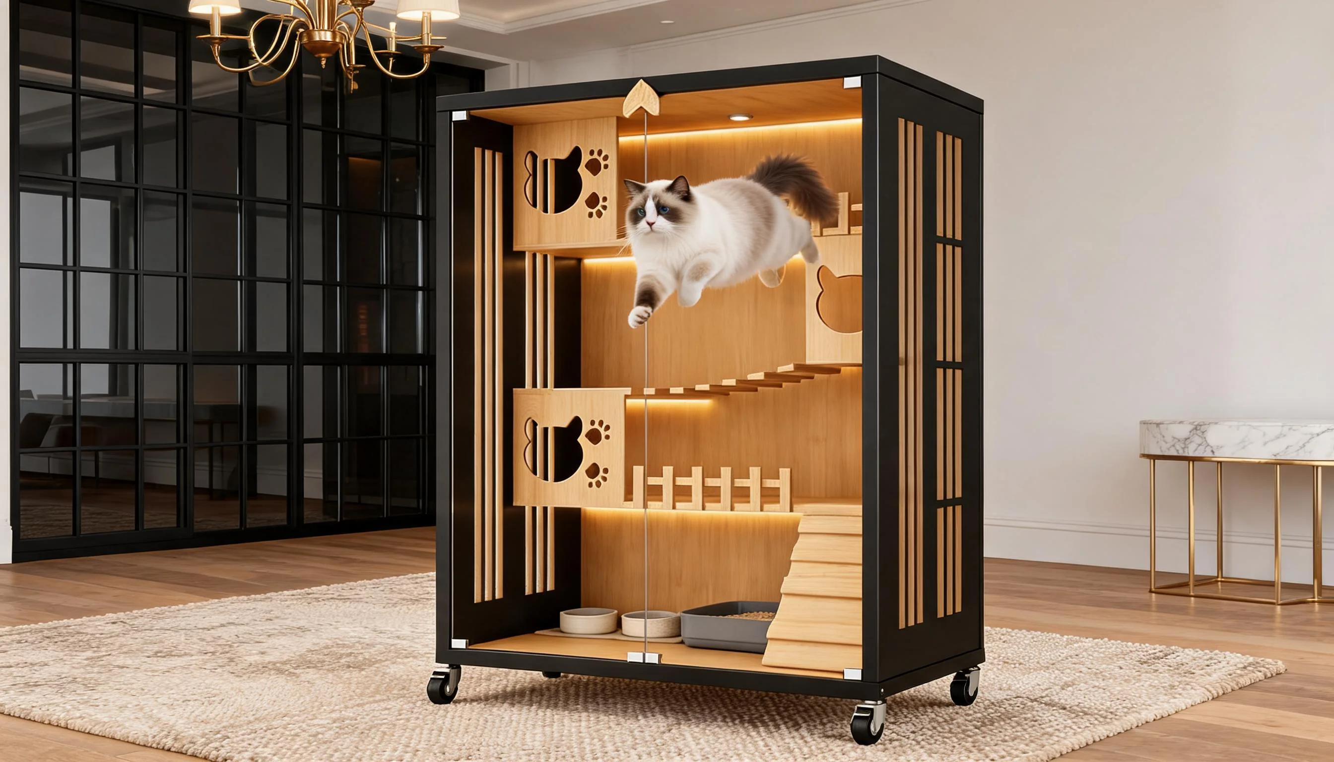 Stainless Steel Solid Wood Multi-Level Cat Cage · Three Levels · GuardLynx