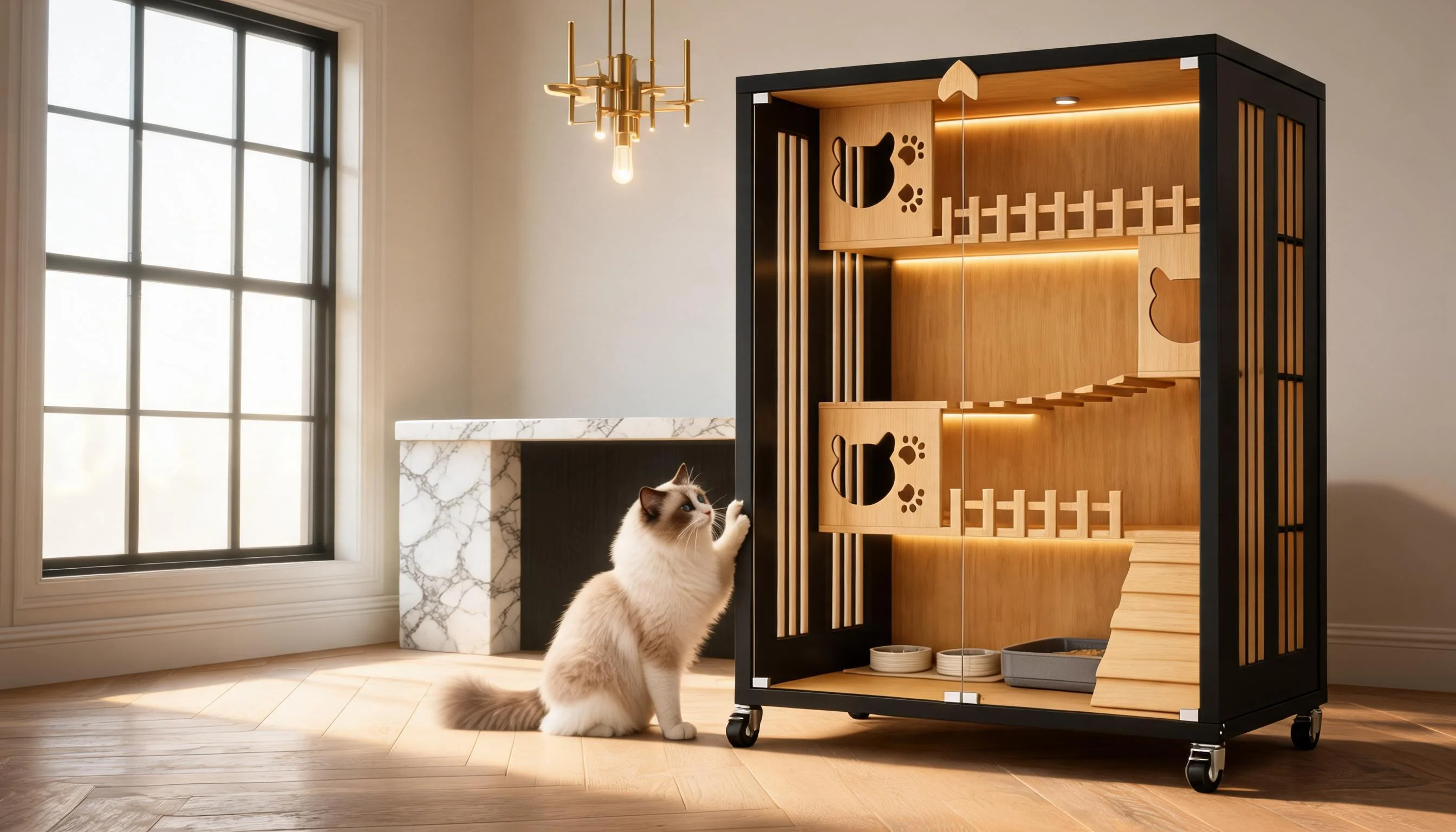 Stainless Steel Solid Wood Multi-Level Cat Cage · GuardLynx