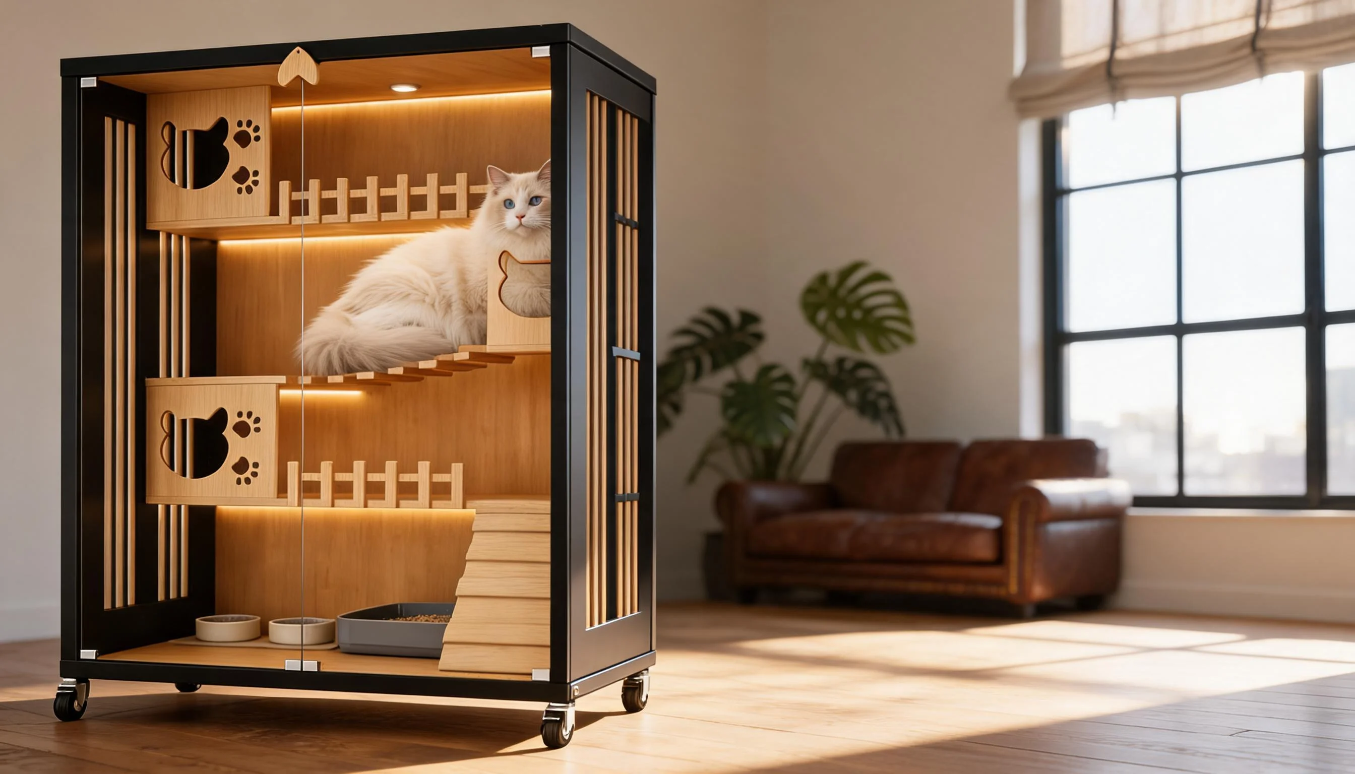Stainless Steel Solid Wood Multi-Level Cat Cage · Ink Black · GuardLynx