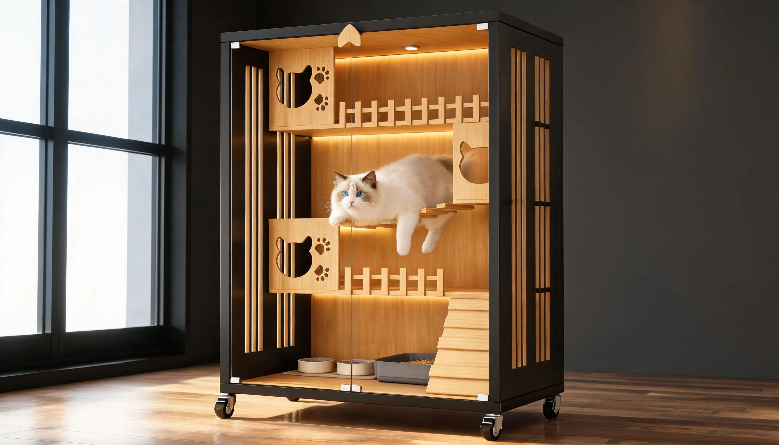 Stainless Steel Solid Wood Multi-Level Cat Cage · Morning Light · GuardLynx