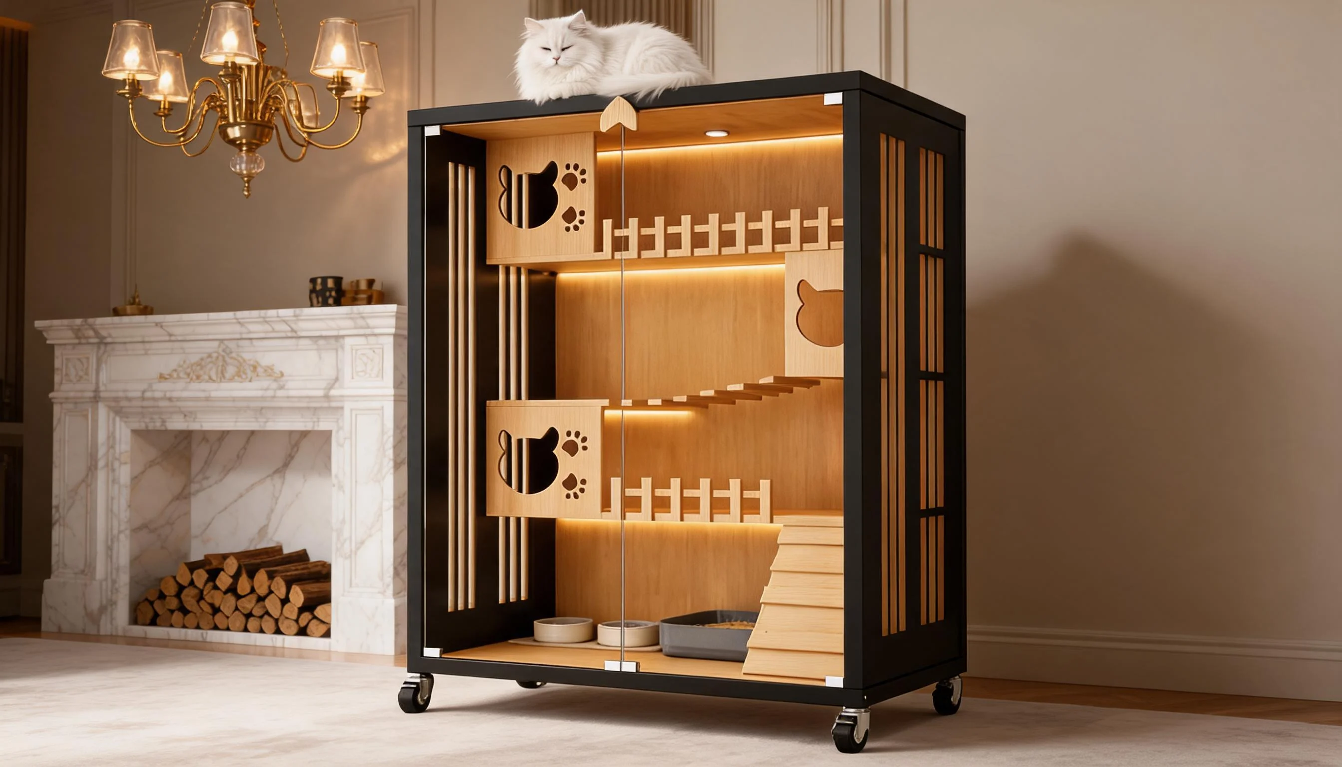 Stainless Steel Solid Wood Multi-Level Cat Cage · Warm Night · GuardLynx