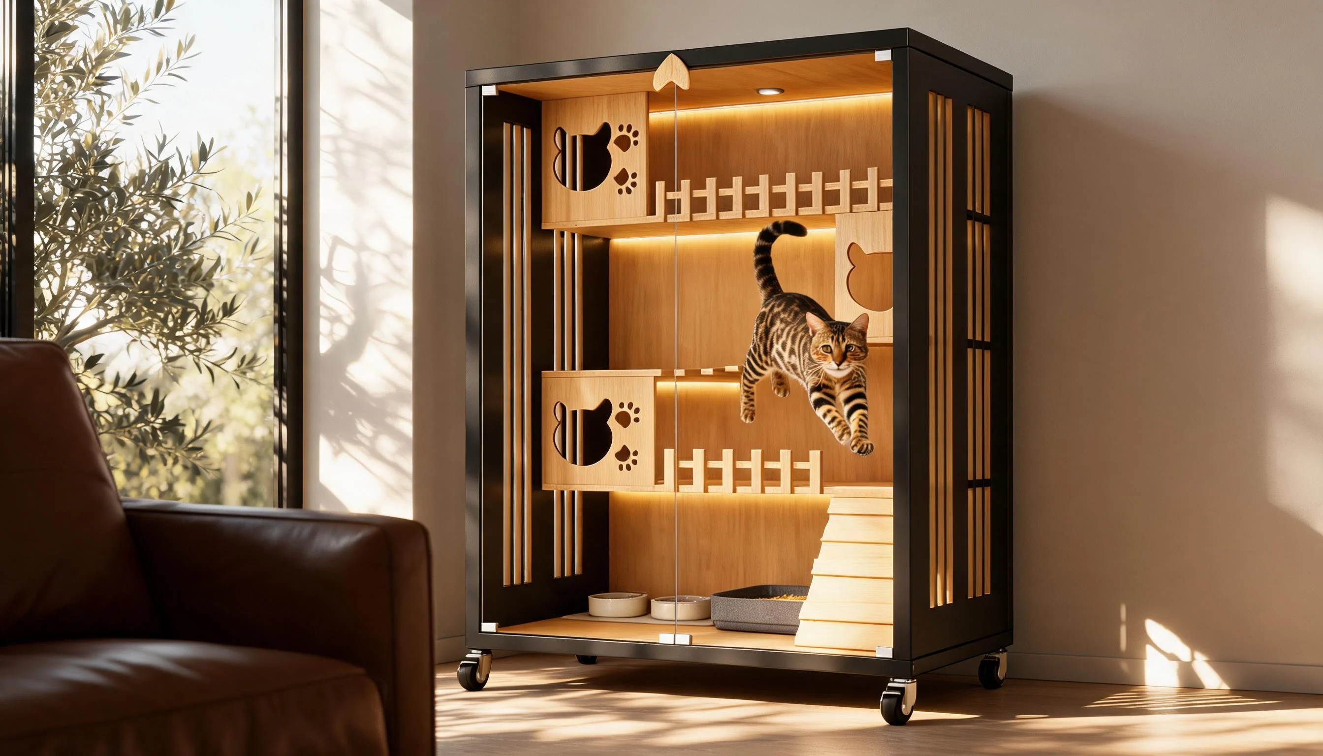 Stainless Steel Solid Wood Multi-Level Cat Cage · Afternoon Play · GuardLynx