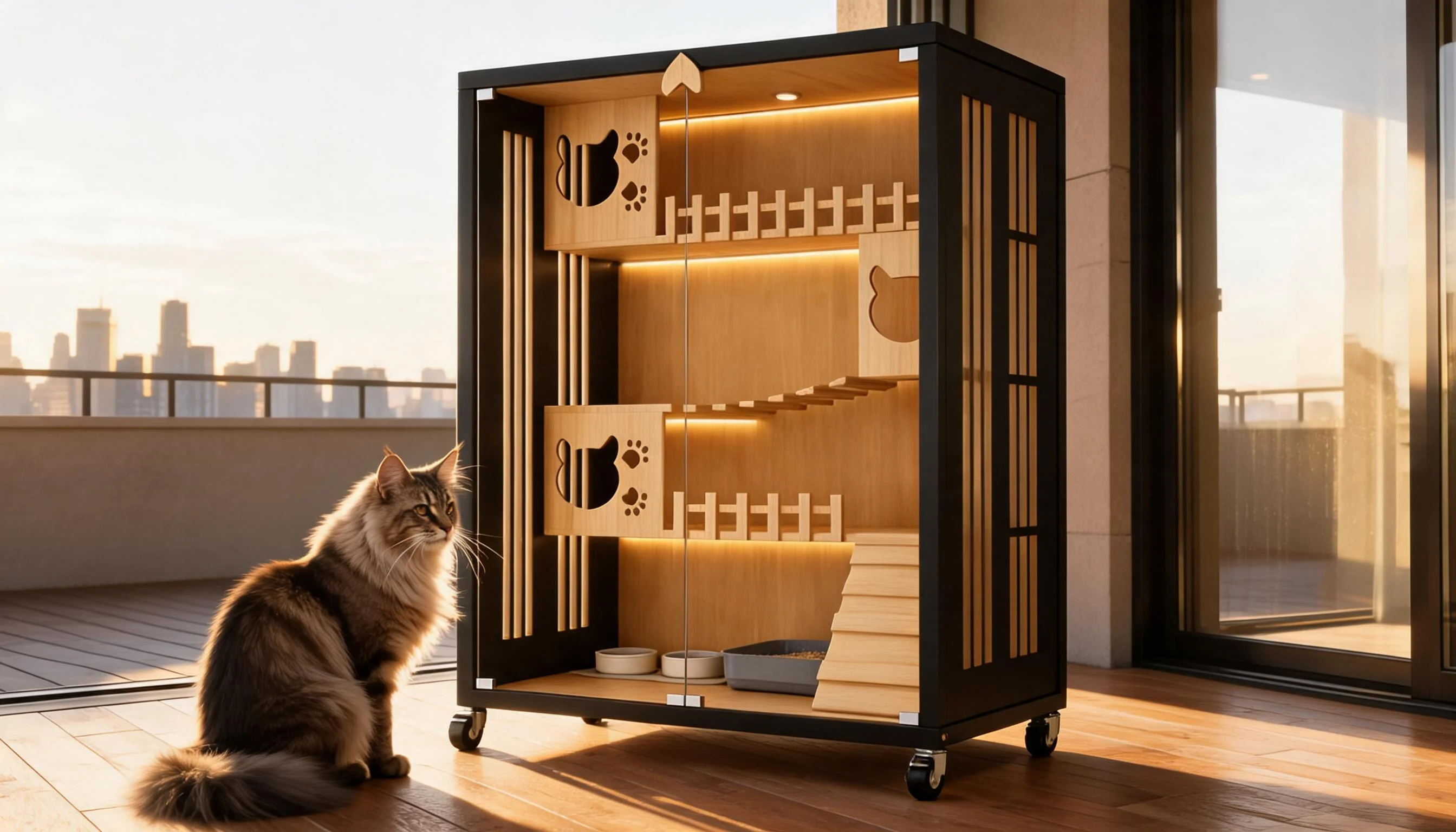 Stainless Steel Solid Wood Multi-Level Cat Cage · Move & Explore · GuardLynx