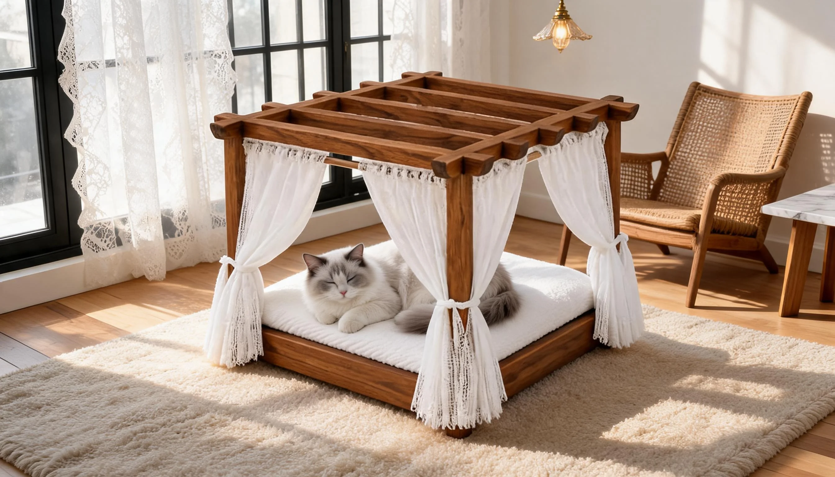 Resort-Style Solid Wood Cat Bed · Lace Curtains · GuardLynx