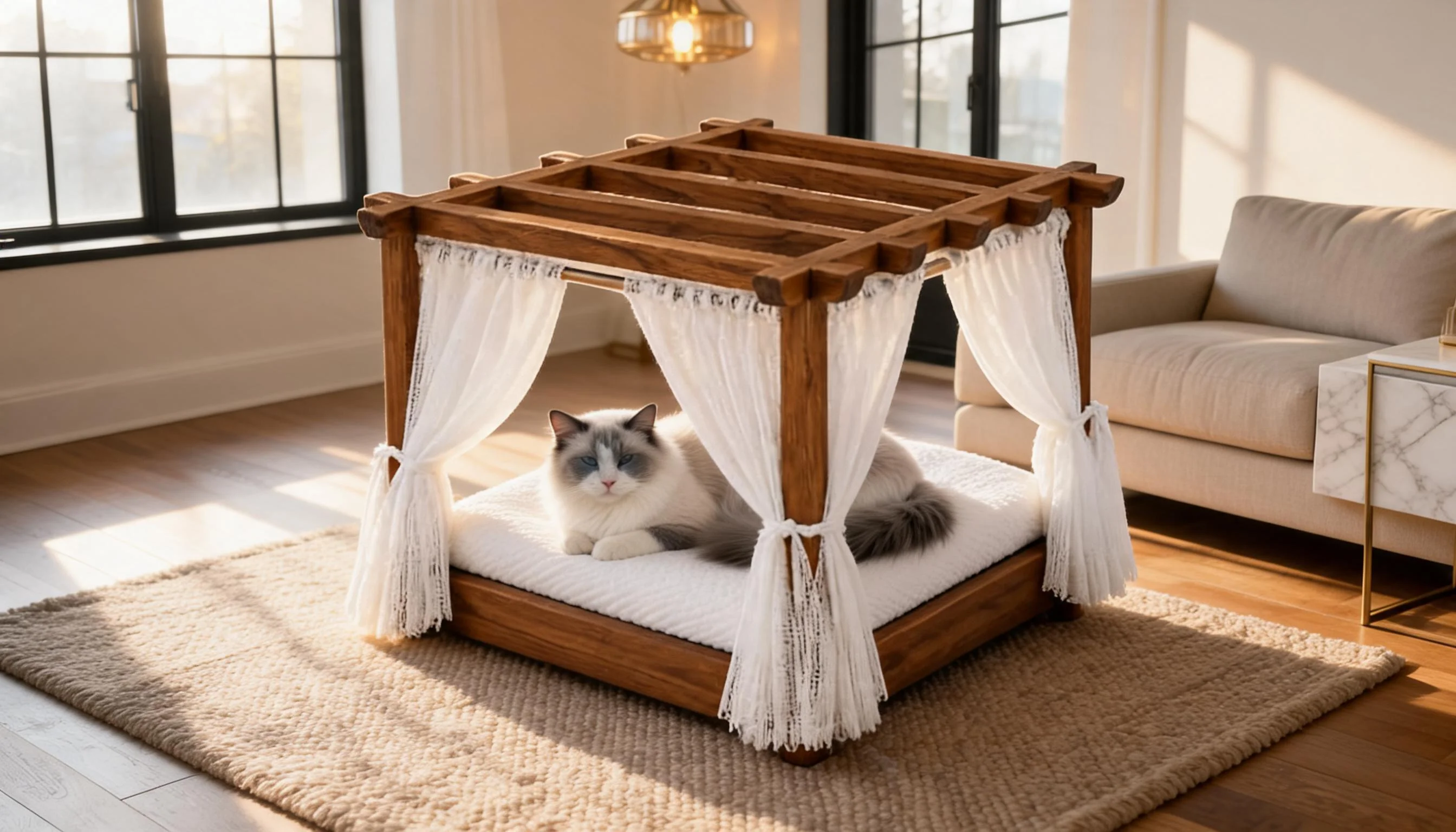 Resort-Style Solid Wood Cat Bed · Plush Cushion · GuardLynx