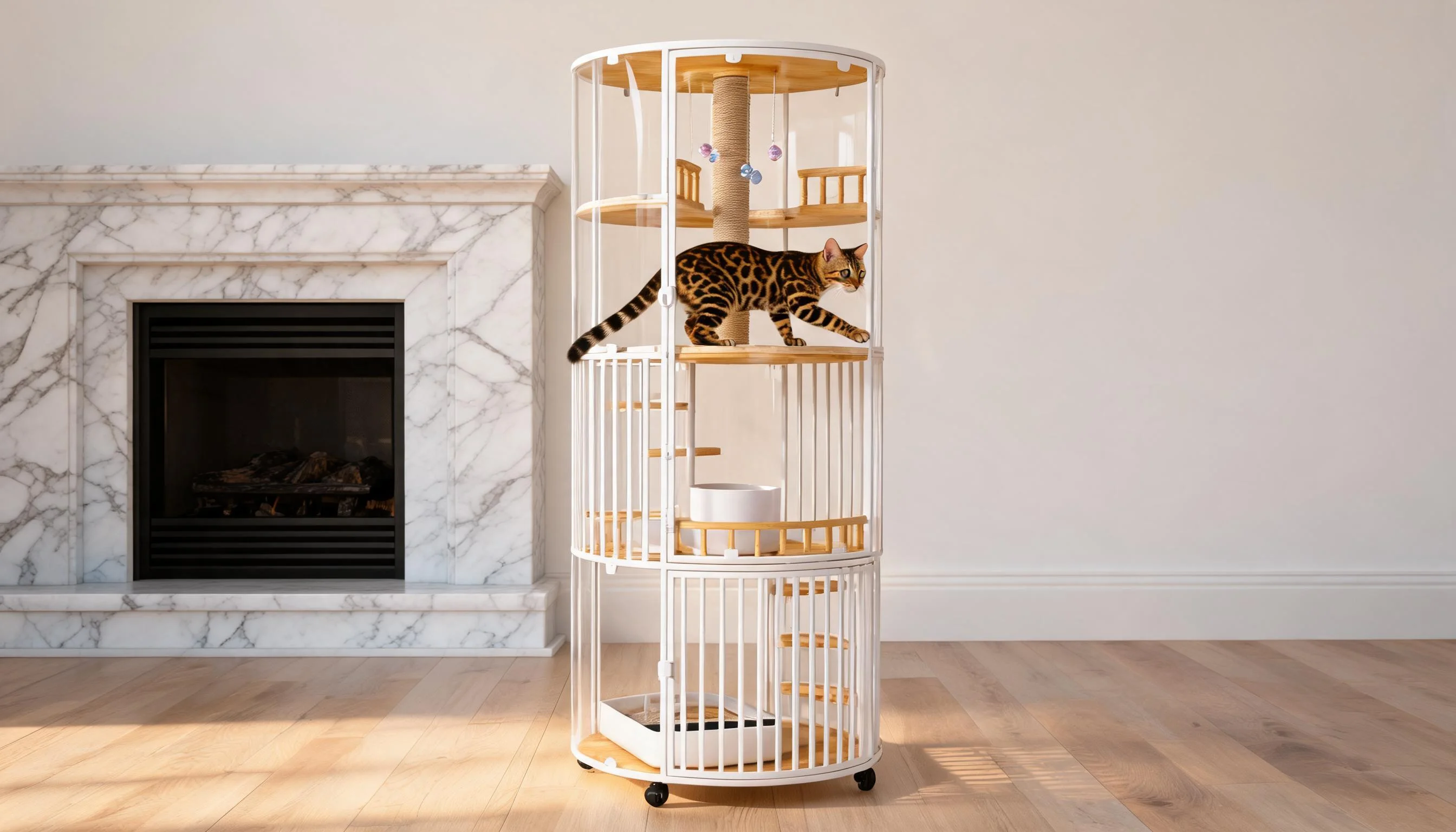 360° Panoramic Deluxe Cat Cage · Golden Afternoon with Bengal · GuardLynx