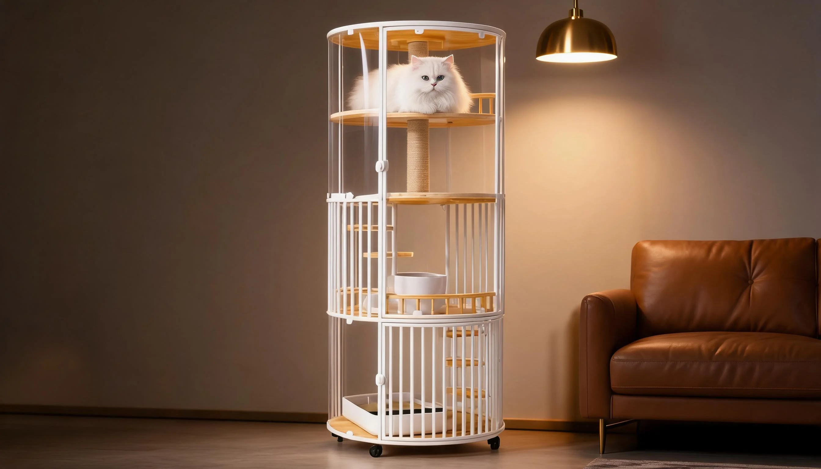 360° Panoramic Deluxe Cat Cage · Warm Night with Persian · GuardLynx