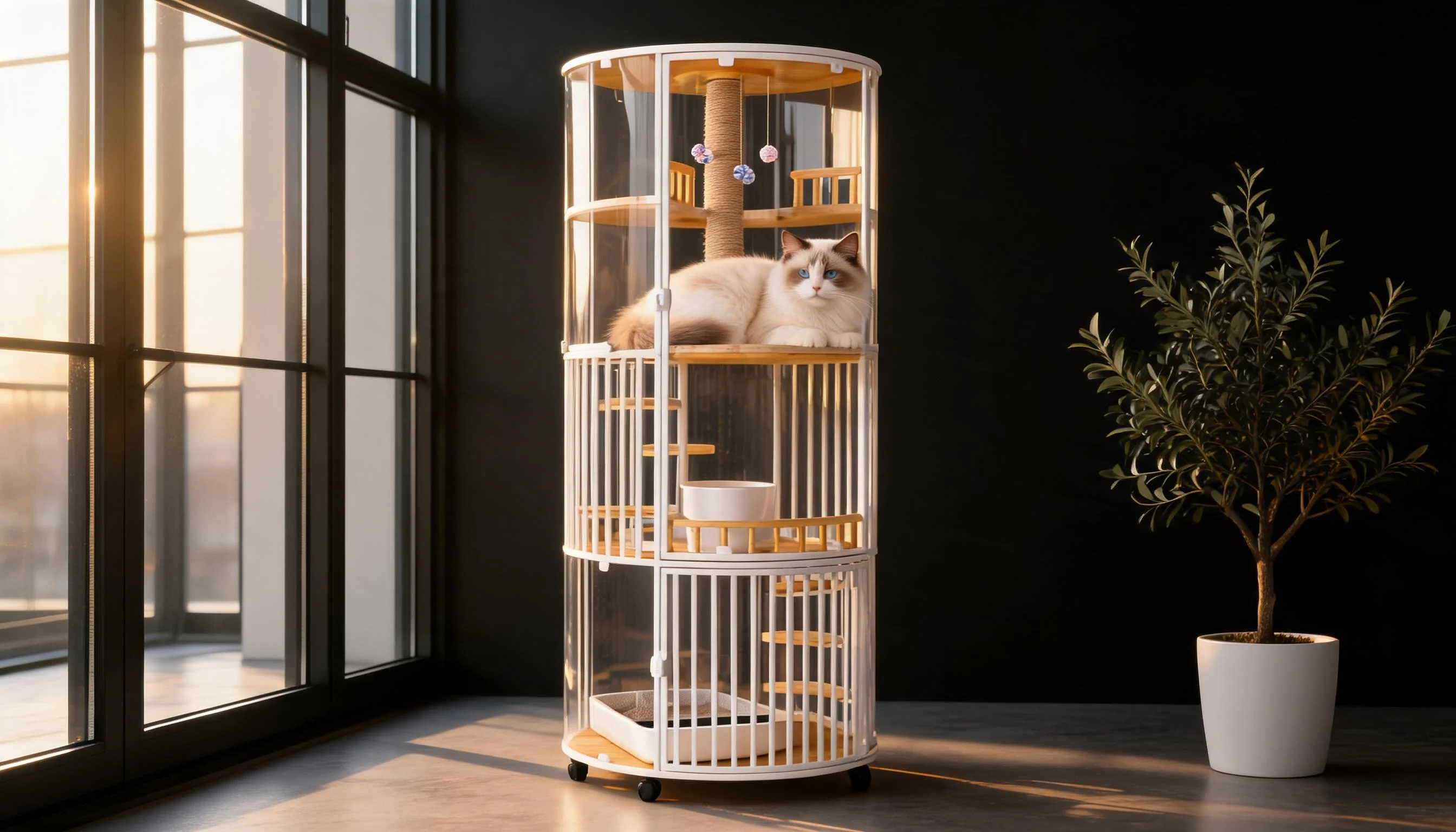 360° Panoramic Deluxe Cat Cage · Morning Light with Ragdoll · GuardLynx