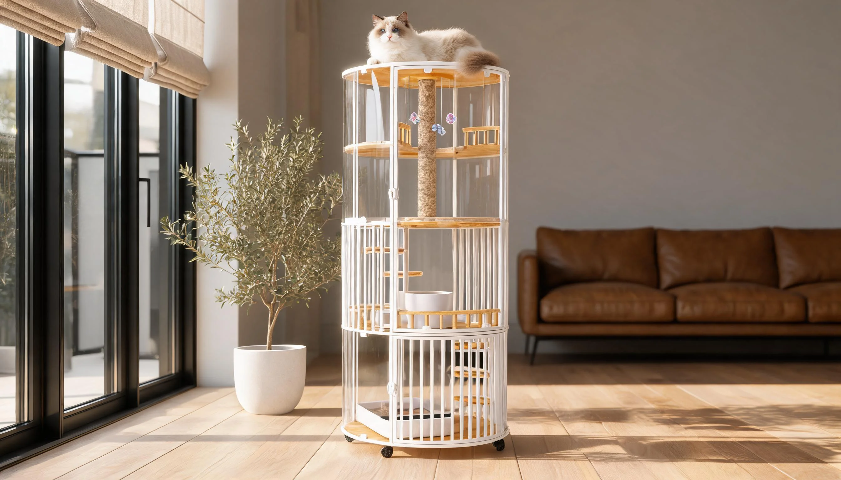 360° Panoramic Deluxe Cat Cage · Pure White Elegance · GuardLynx