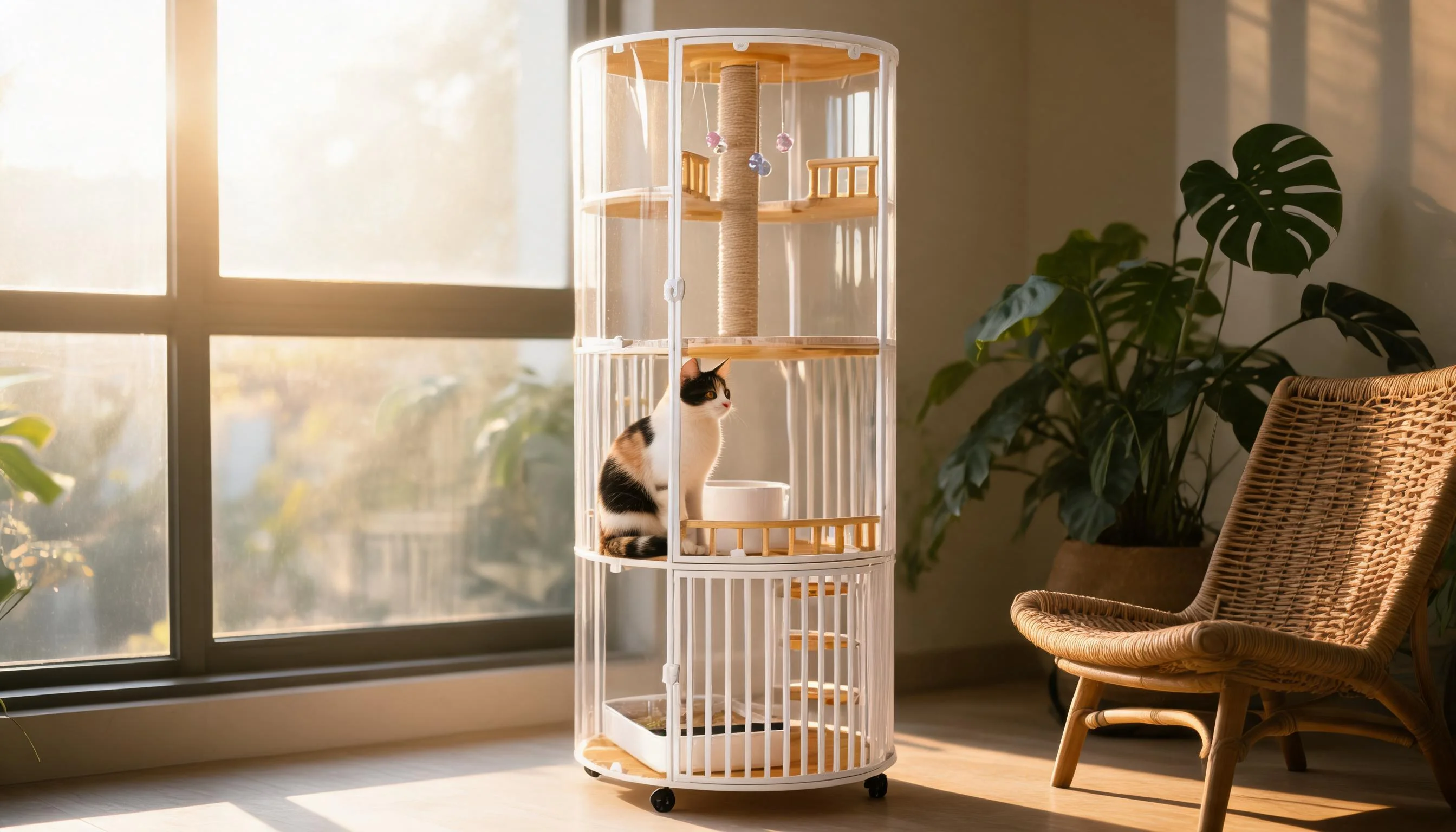 360° Panoramic Deluxe Cat Cage · Sunroom Reading Nook with Maine Coon · GuardLynx