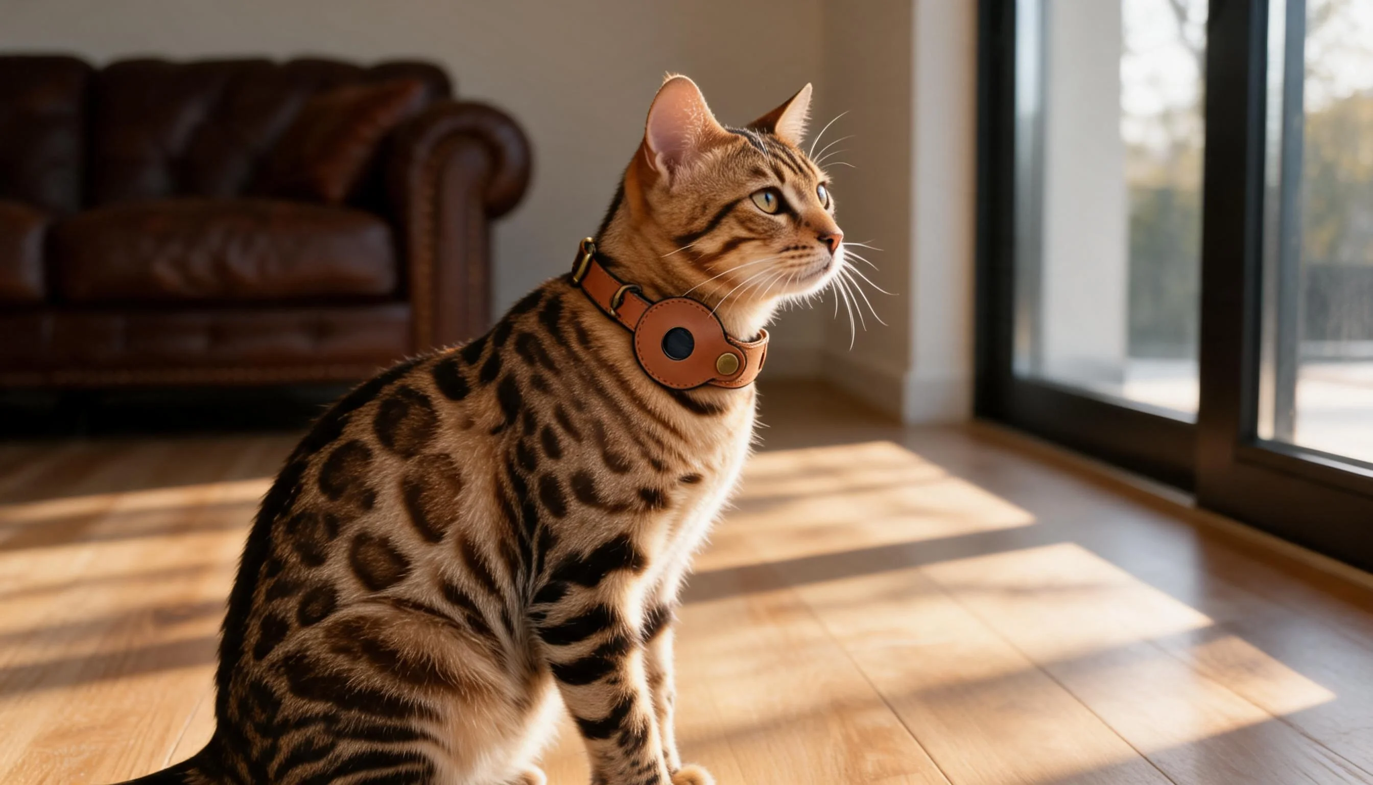 Premium Genuine Leather Air Tag Collar · Afternoon Bengal Gaze · GuardLynx