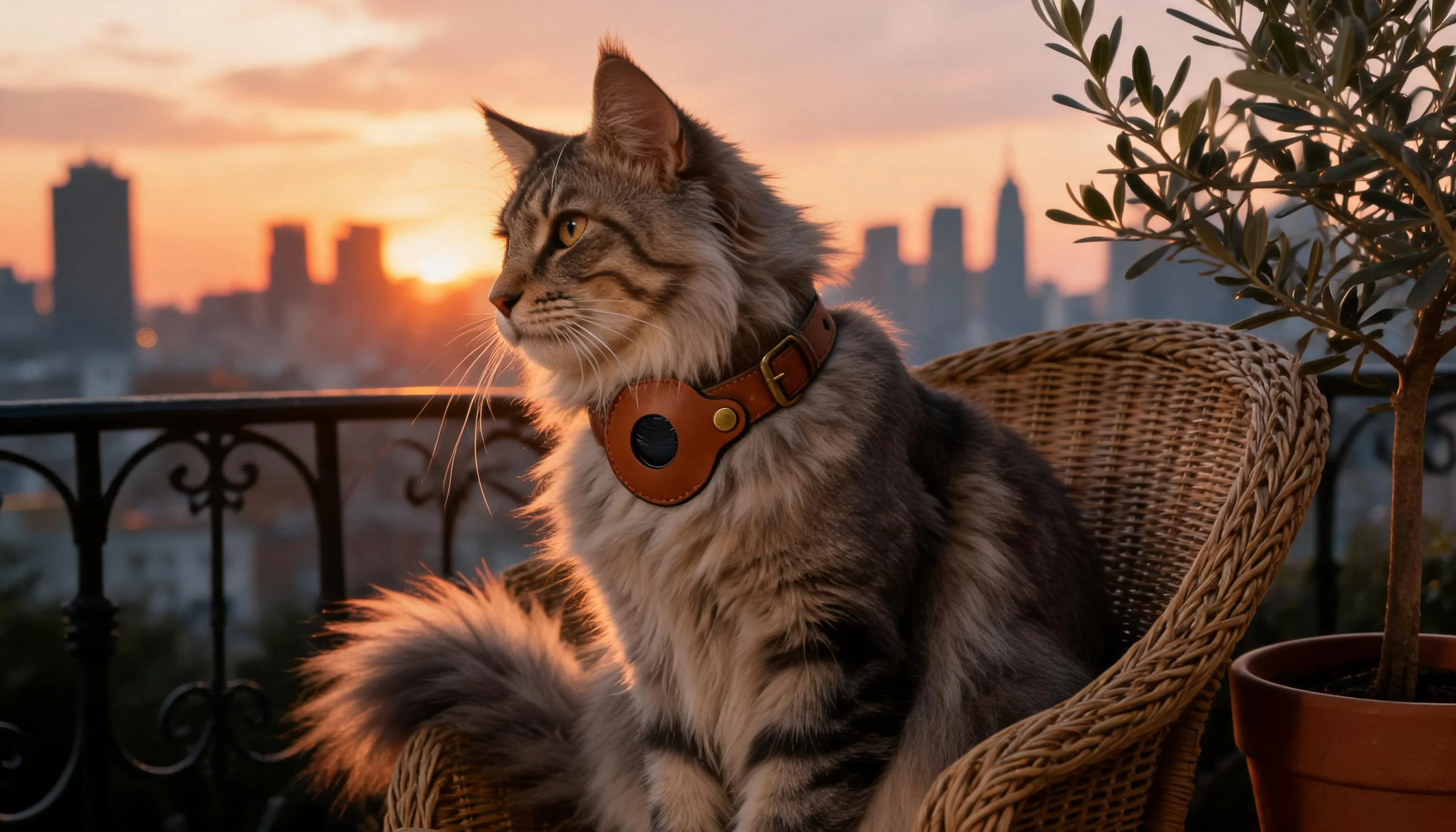 Premium Genuine Leather Air Tag Collar · Sunset Maine Coon · GuardLynx
