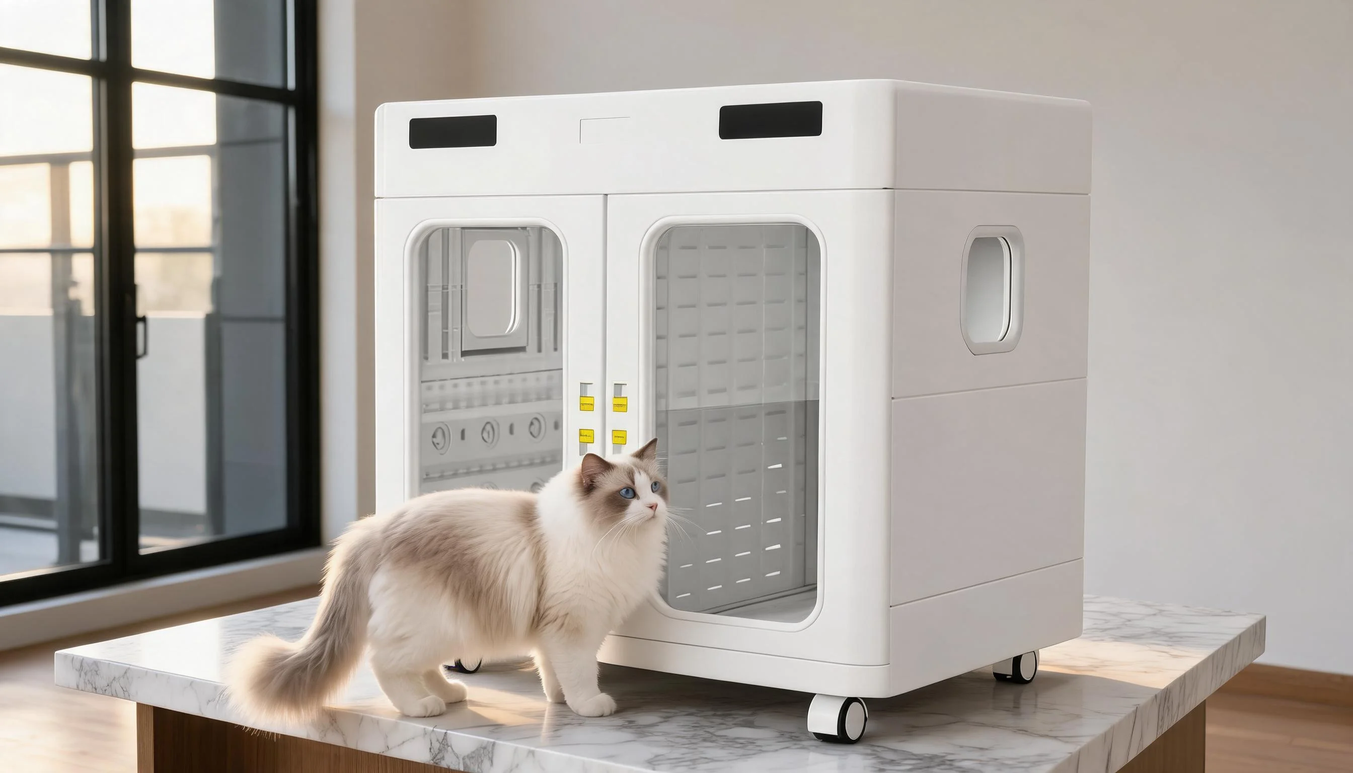 Dual-Door Large Capacity Smart Pet Dryer · Morning Light with Ragdoll Cat · GuardLynx