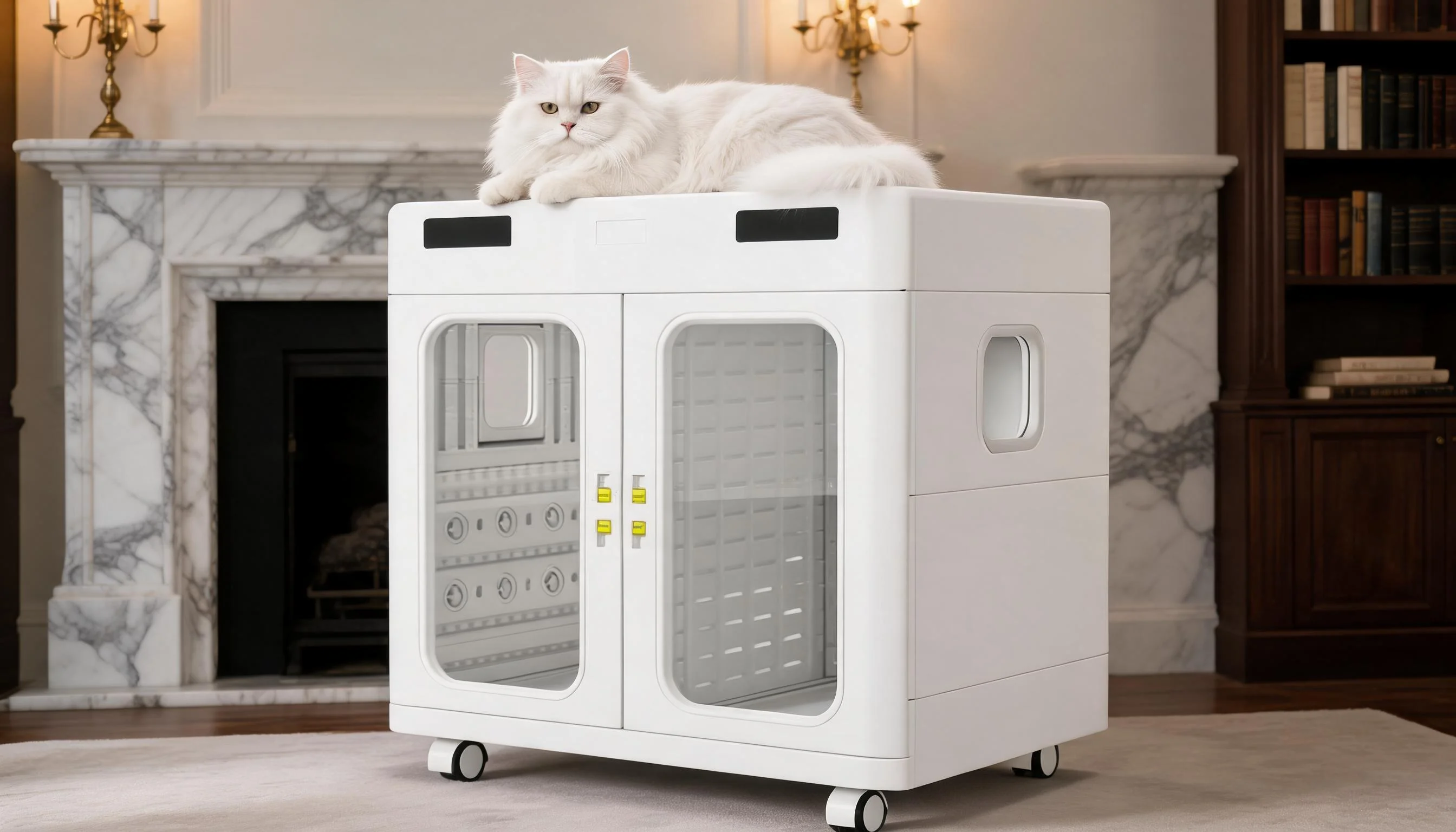 Dual-Door Large Capacity Smart Pet Dryer · Evening Glow with Persian Cat · GuardLynx