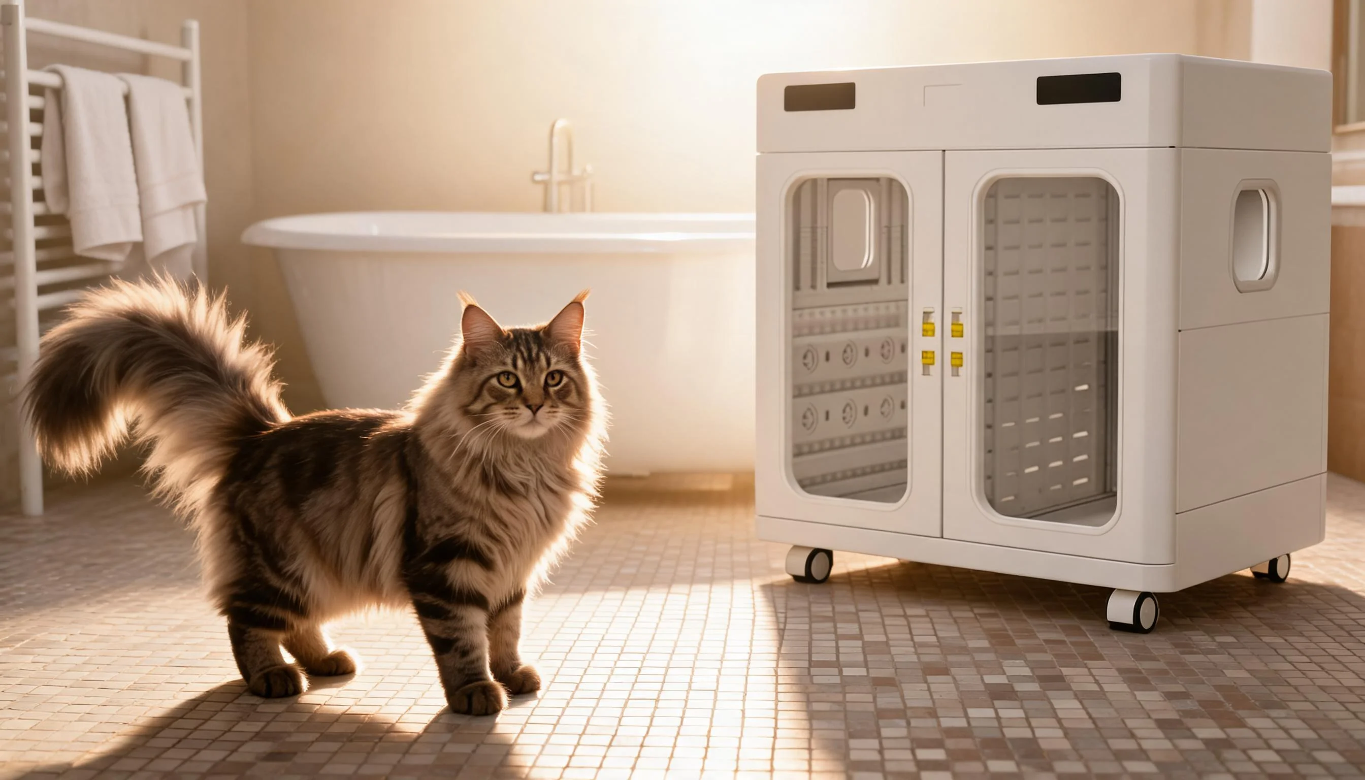 Dual-Door Large Capacity Smart Pet Dryer · Bathroom Light with Maine Coon · GuardLynx