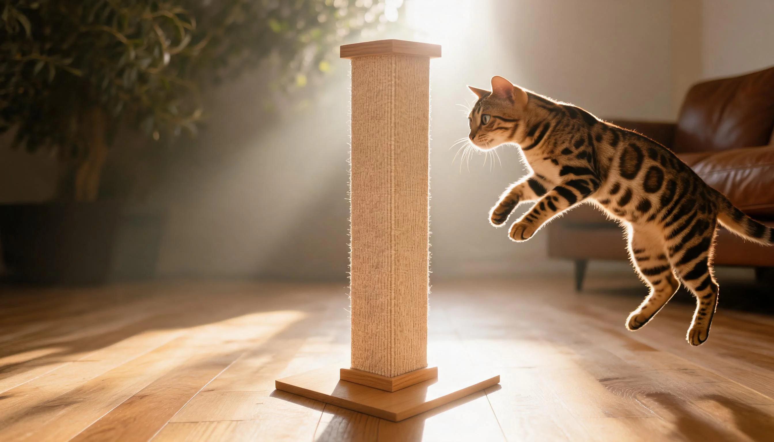 Premium Natural Sisal Woven Cat Scratching Post · Afternoon Play with Bengal · GuardLynx