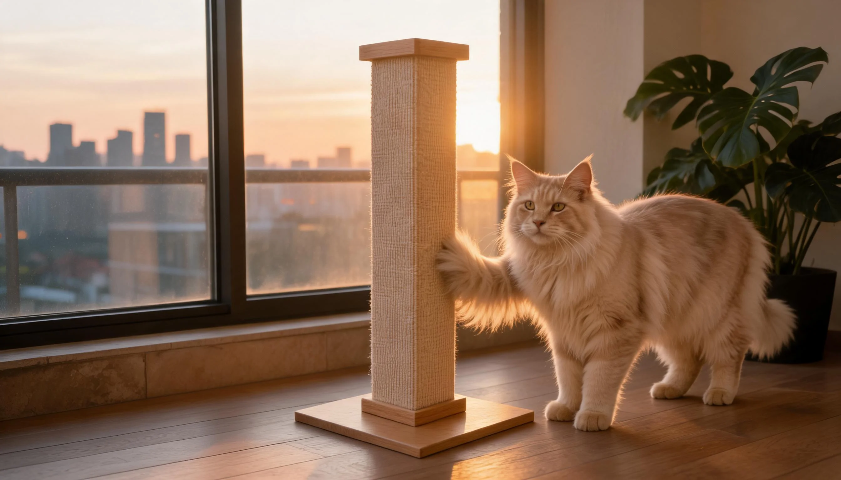 Premium Natural Sisal Woven Cat Scratching Post · Balcony Sunset with Maine Coon · GuardLynx