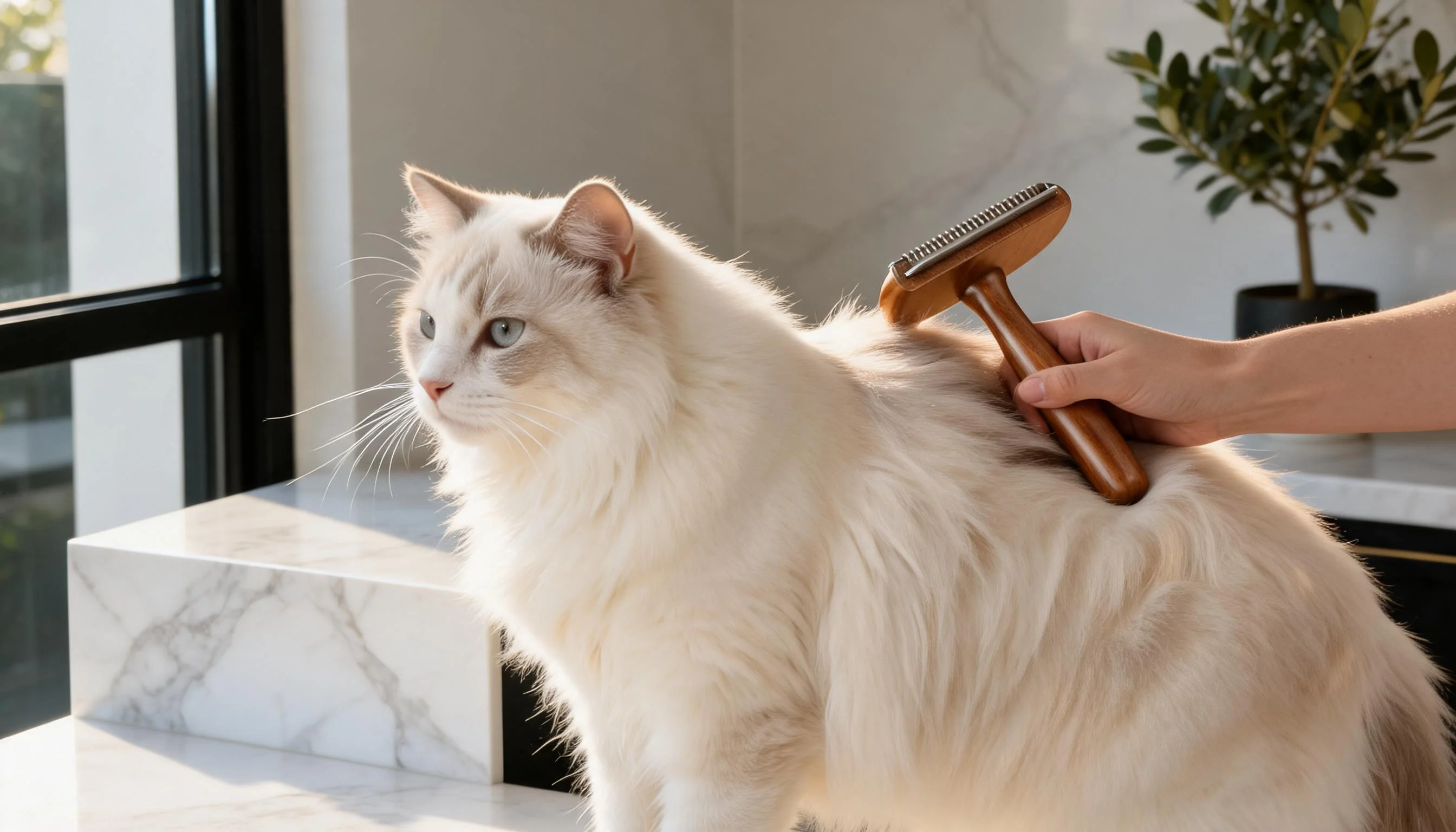 Wooden Handle Stainless Steel Pet Brush · Morning Sun with Ragdoll Cat · GuardLynx
