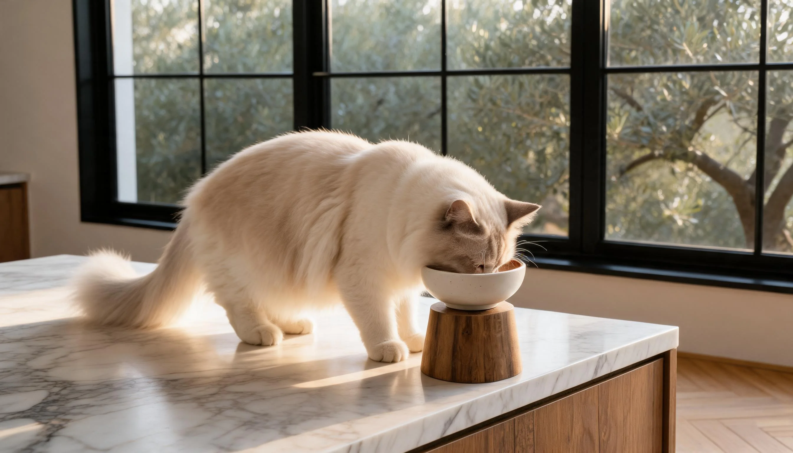 Neck-Protective Ceramic Bowl with Solid Wood Stand · Morning Sunlight Breakfast · GuardLynx