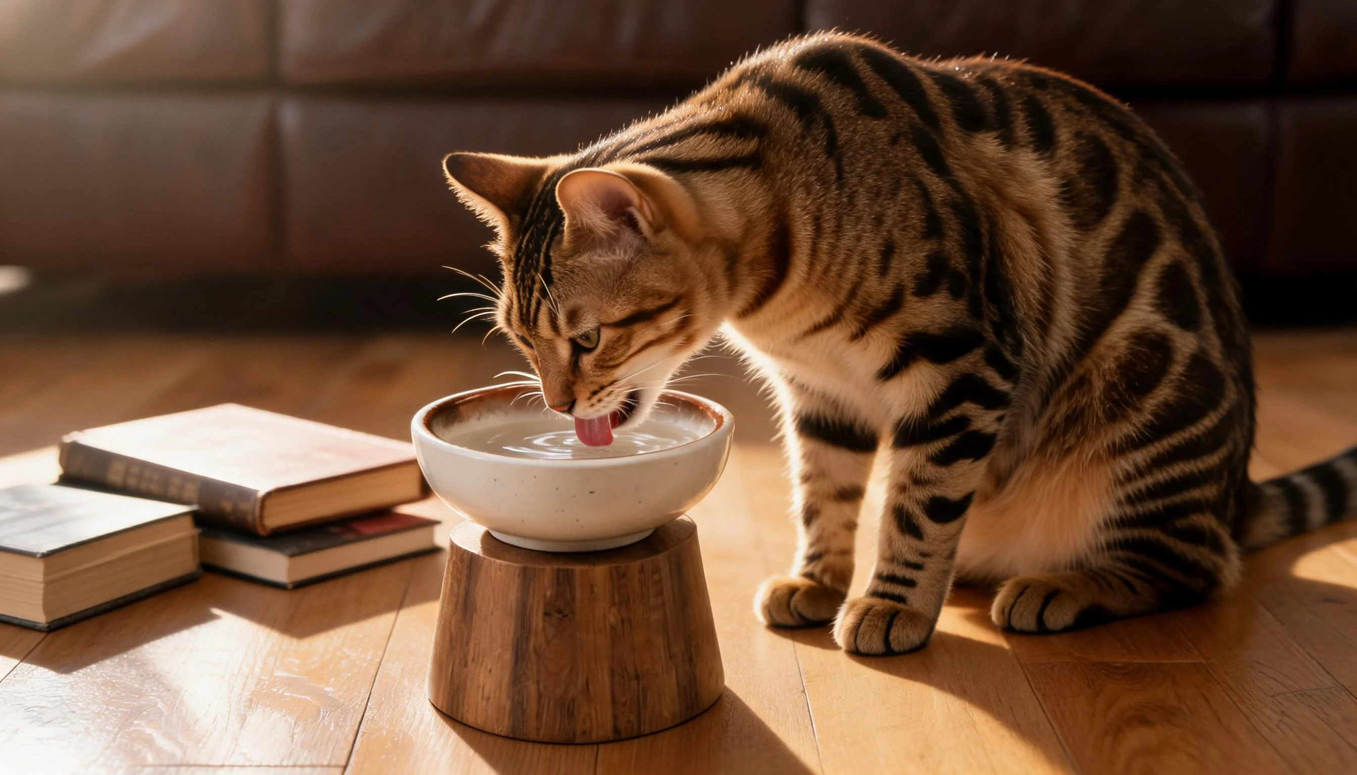 Neck-Protective Ceramic Bowl with Solid Wood Stand · Afternoon Golden Hour · GuardLynx
