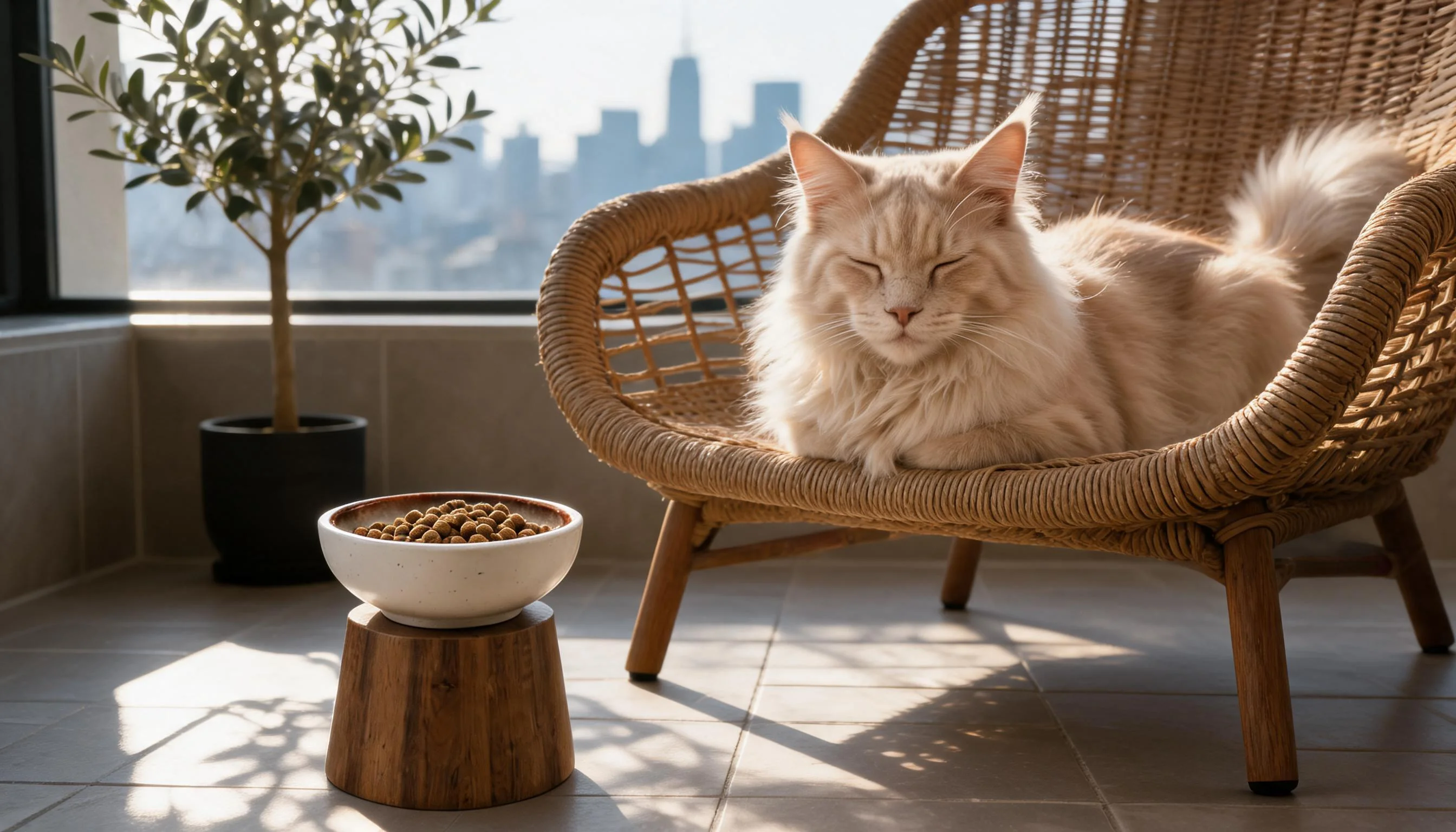 Neck-Protective Ceramic Bowl with Solid Wood Stand · Balcony Retreat · GuardLynx