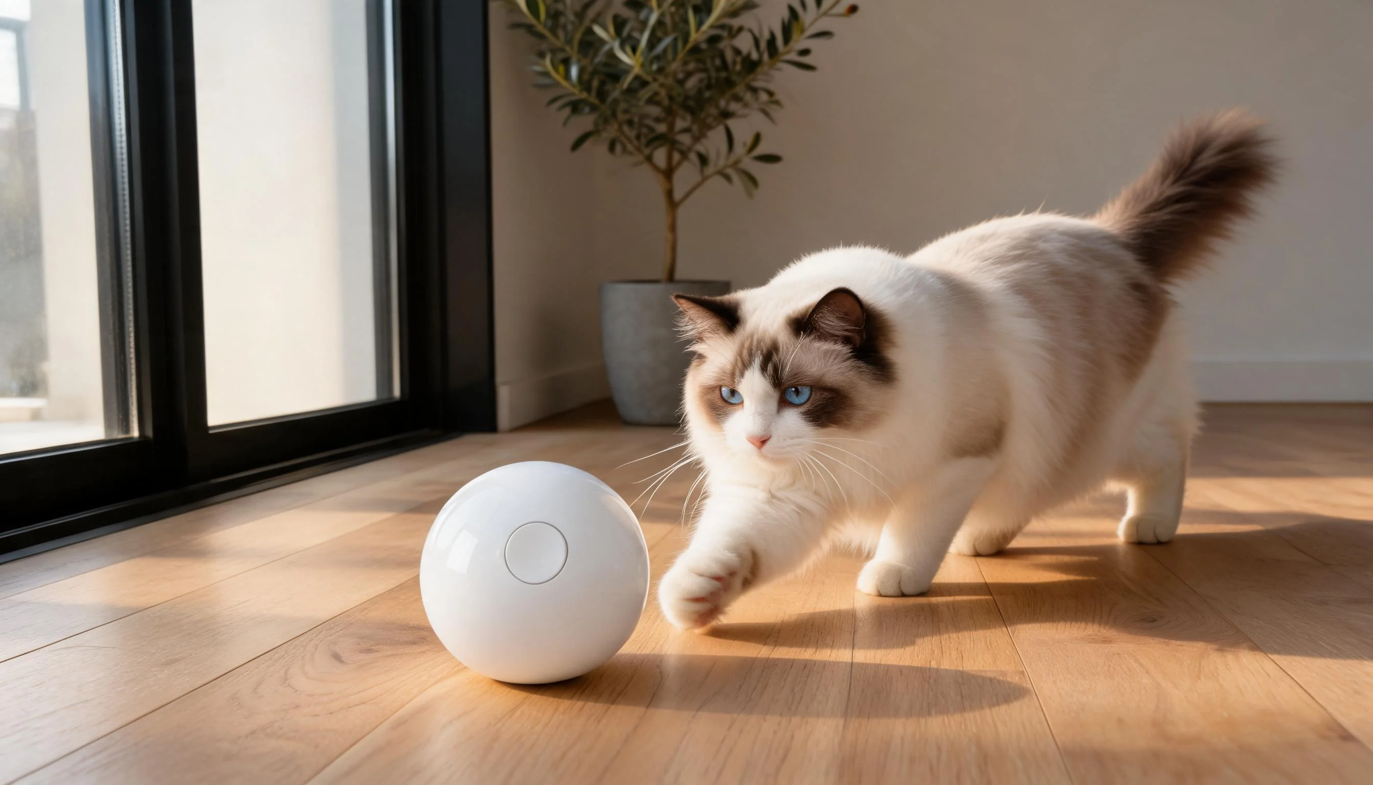 GuardLynx Smart Interactive Pet Ball · Morning Play in Sunlight · GuardLynx
