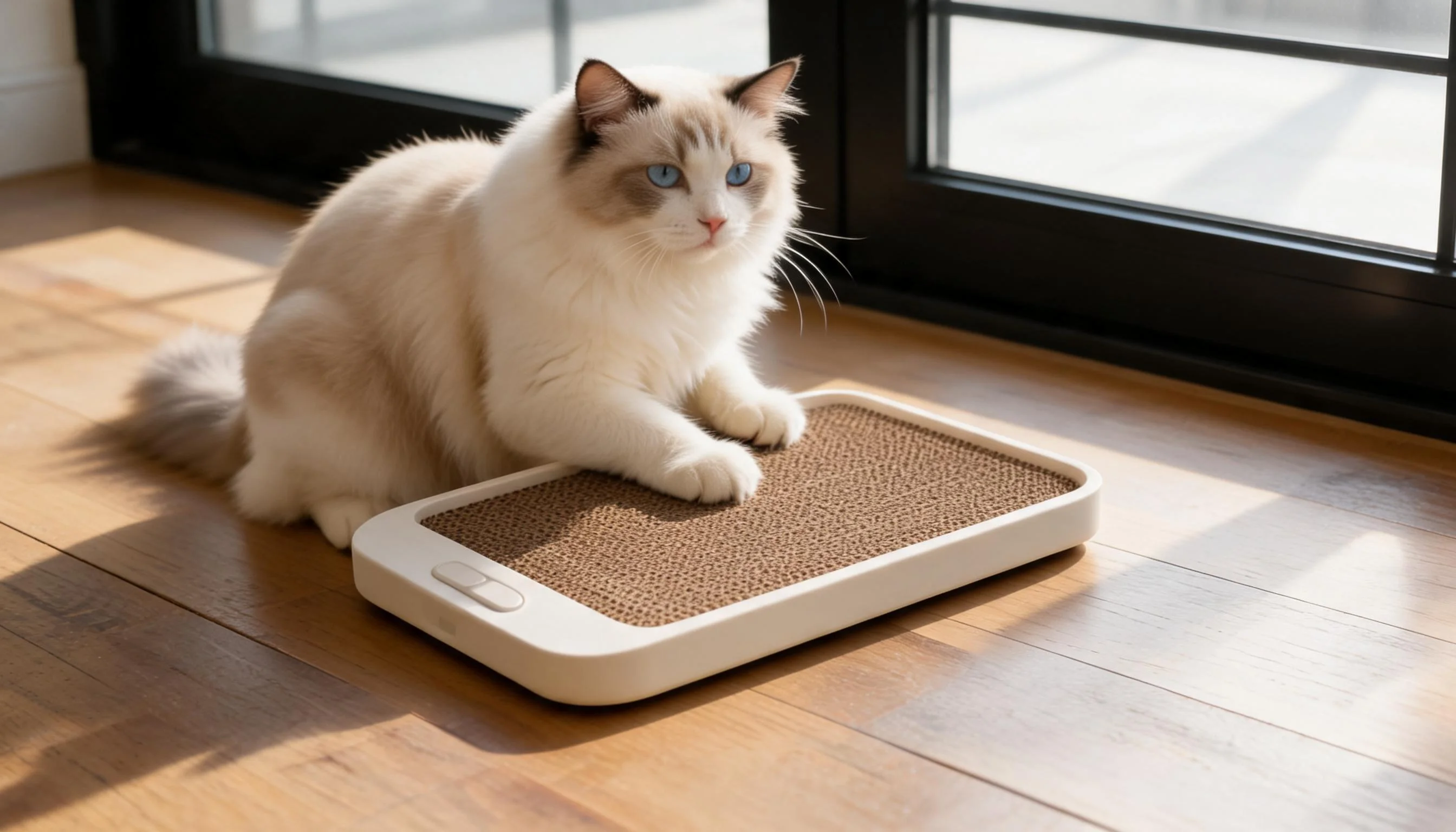 Cat Scratcher & Weight Scale 2-in-1 · Sunlit Living Room · GuardLynx