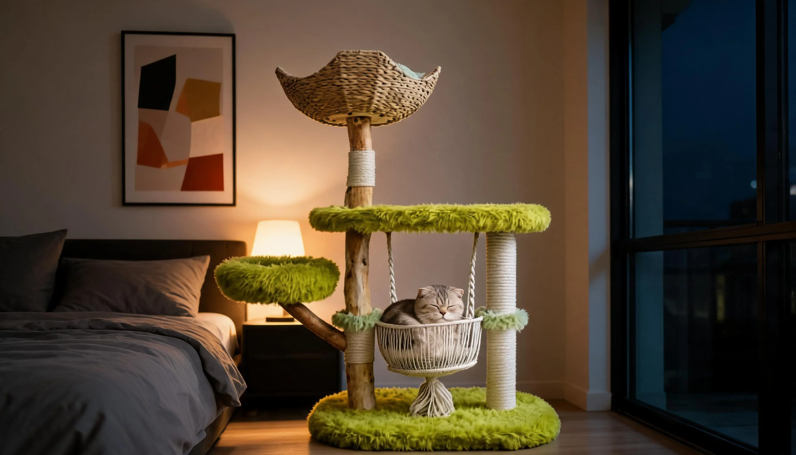 Fruitwood Hammock Cat Tree · Cozy Bedroom Nook · GuardLynx