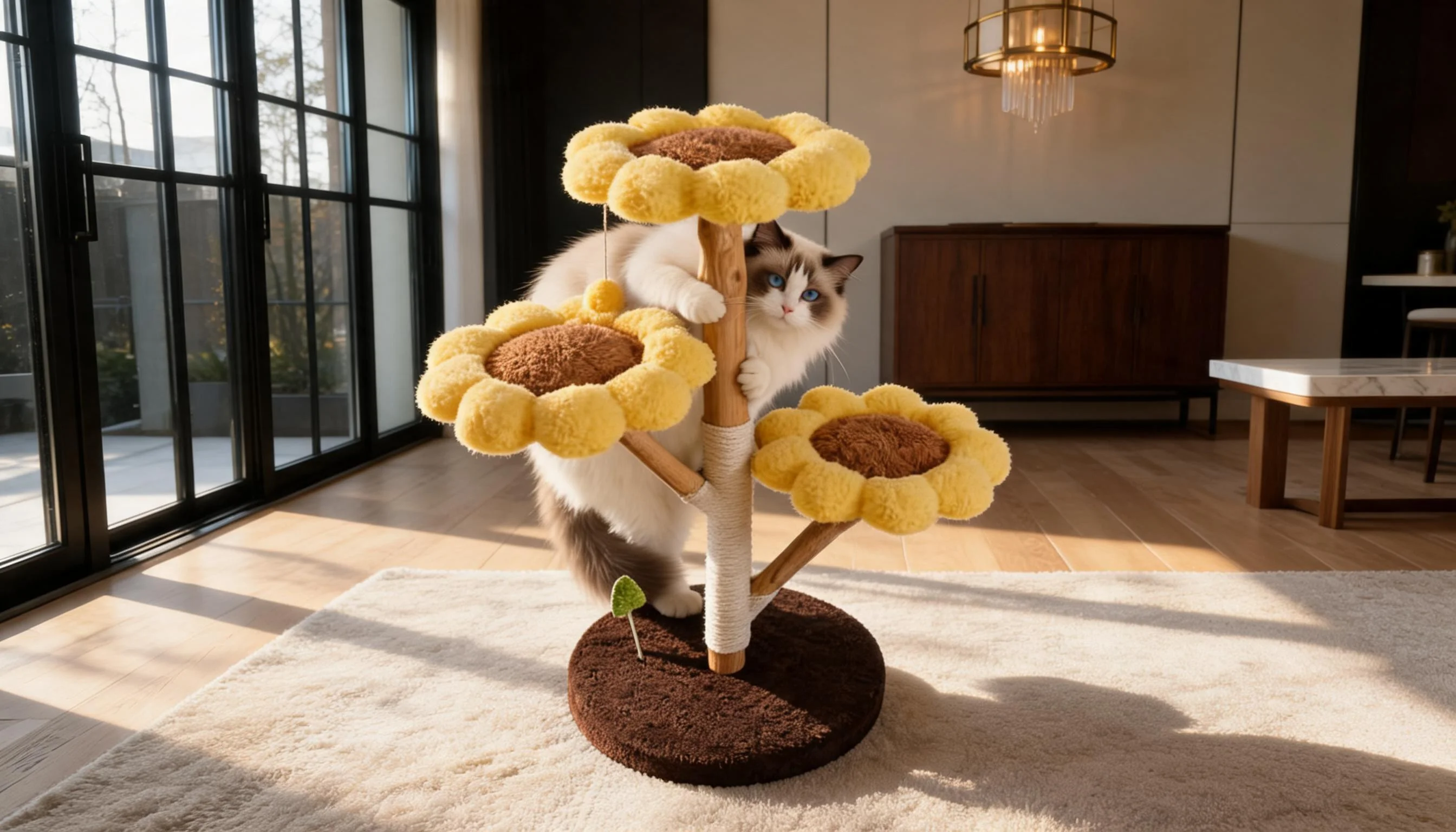 Sunflower Cat Tree with Cozy Petals · Wooden Trunk · GuardLynx