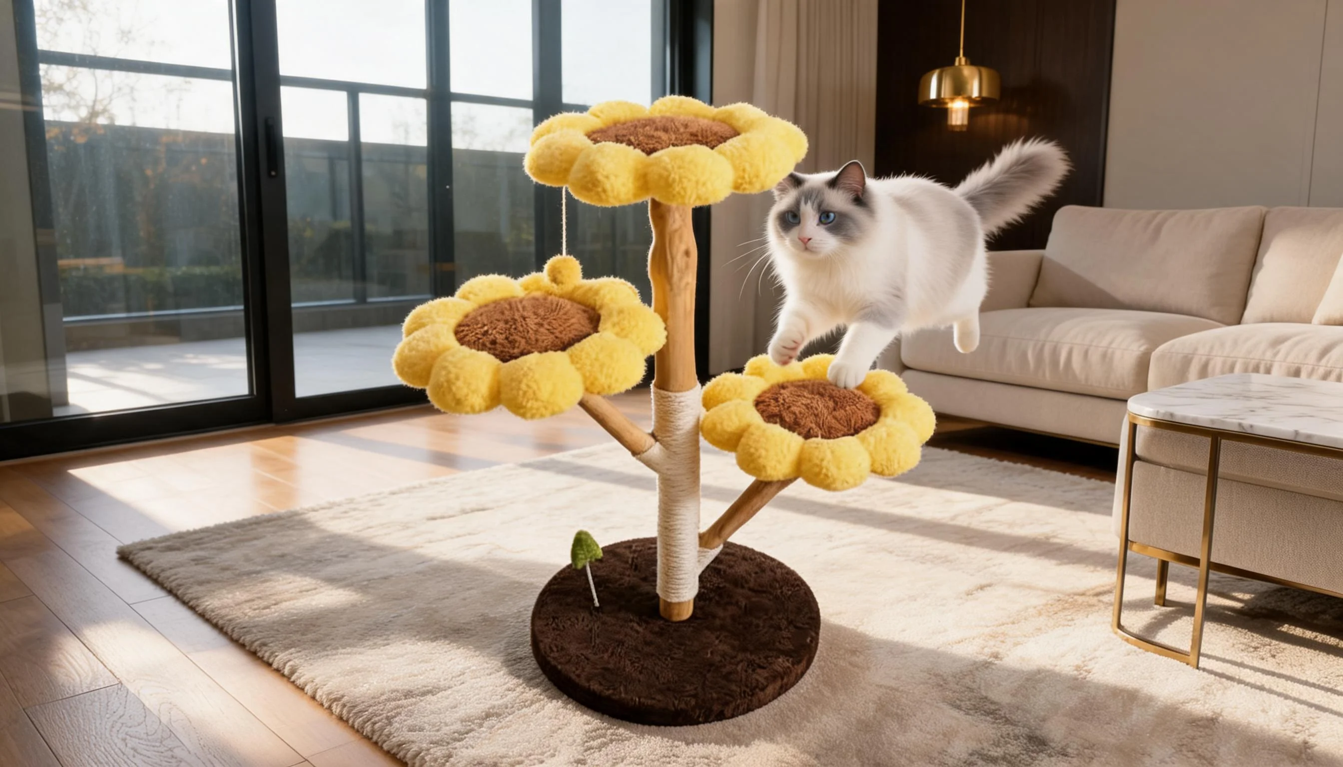 Sunflower Cat Tree with Cozy Petals · Anti-Slip Base · GuardLynx