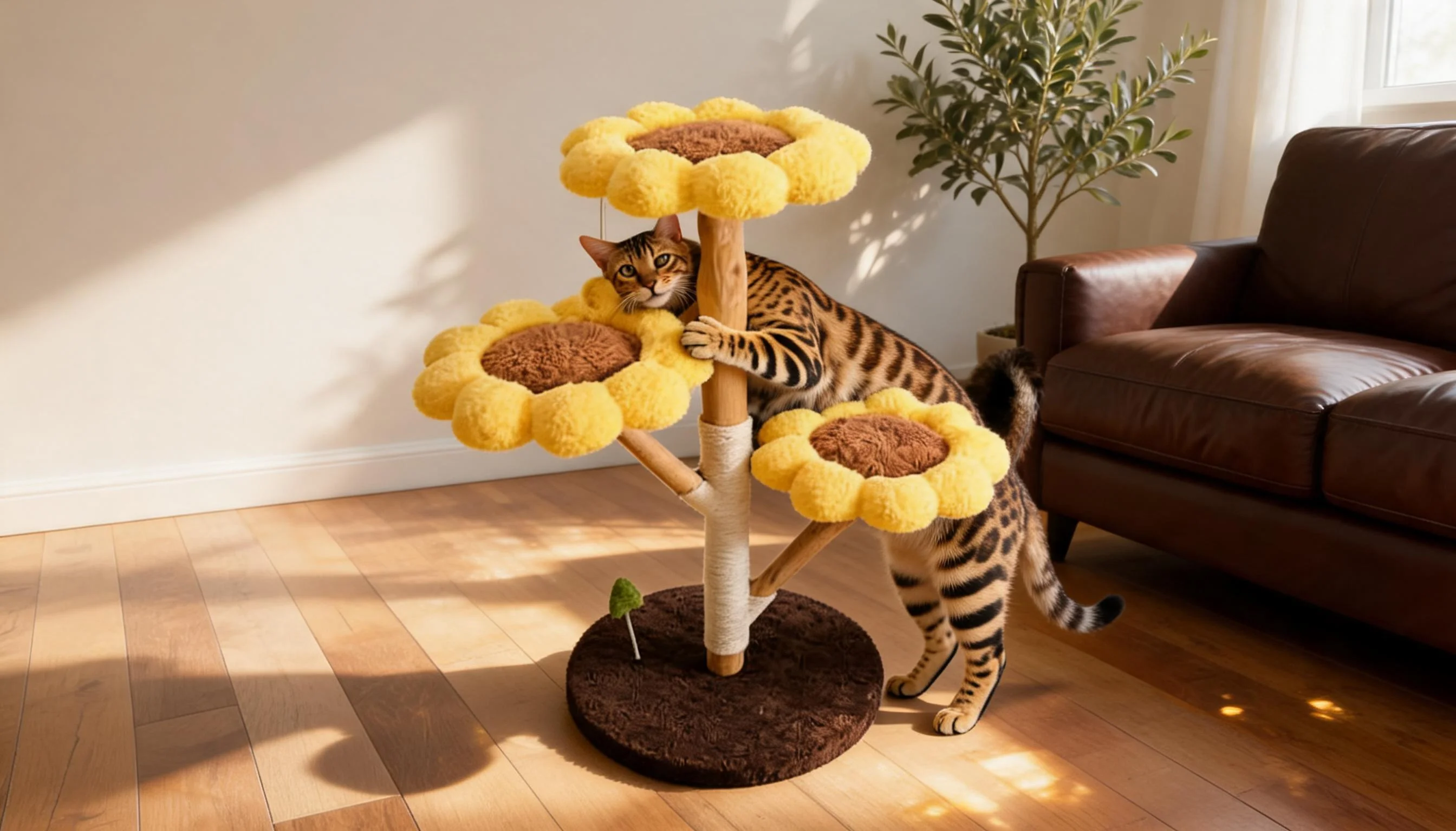 Sunflower Cat Tree with Cozy Petals · Afternoon Living Room Sunshine · GuardLynx
