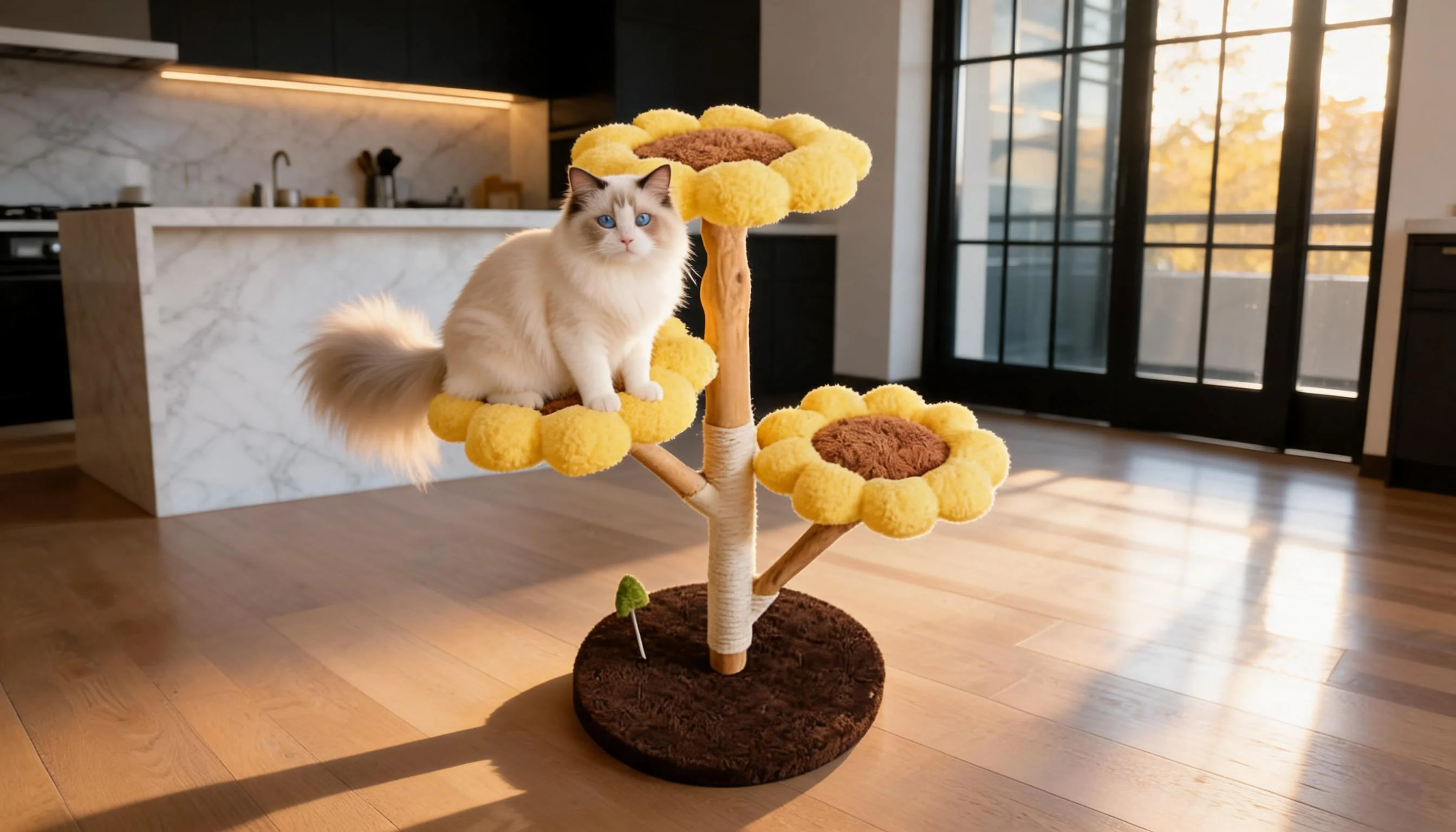 Sunflower Cat Tree with Cozy Petals · Morning Kitchen Warmth · GuardLynx