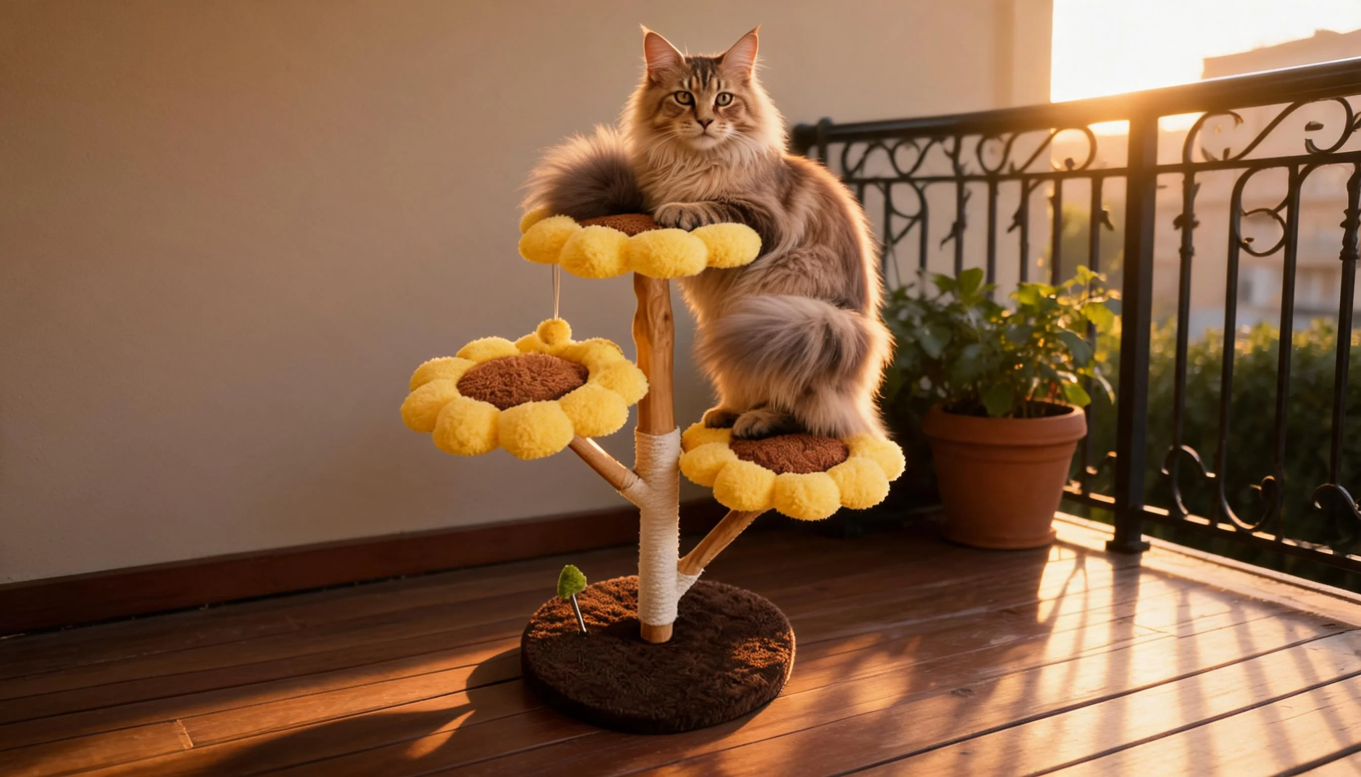 Sunflower Cat Tree with Cozy Petals · Sunset Balcony Serenity · GuardLynx
