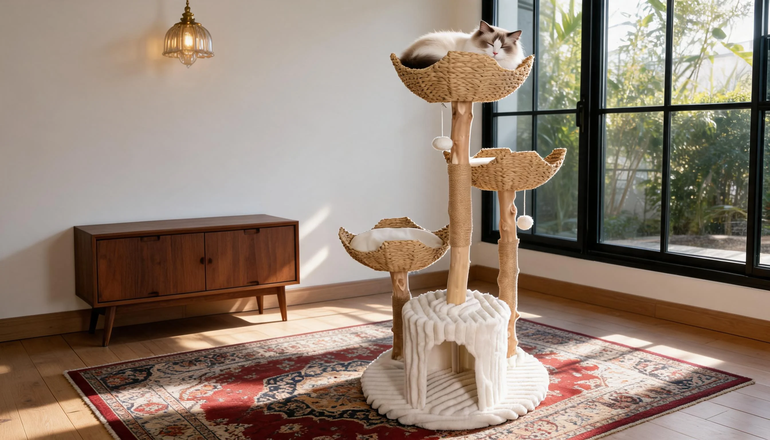 Rattan Cat Tree with Cozy Baskets · Three-Tier Basket Design · GuardLynx