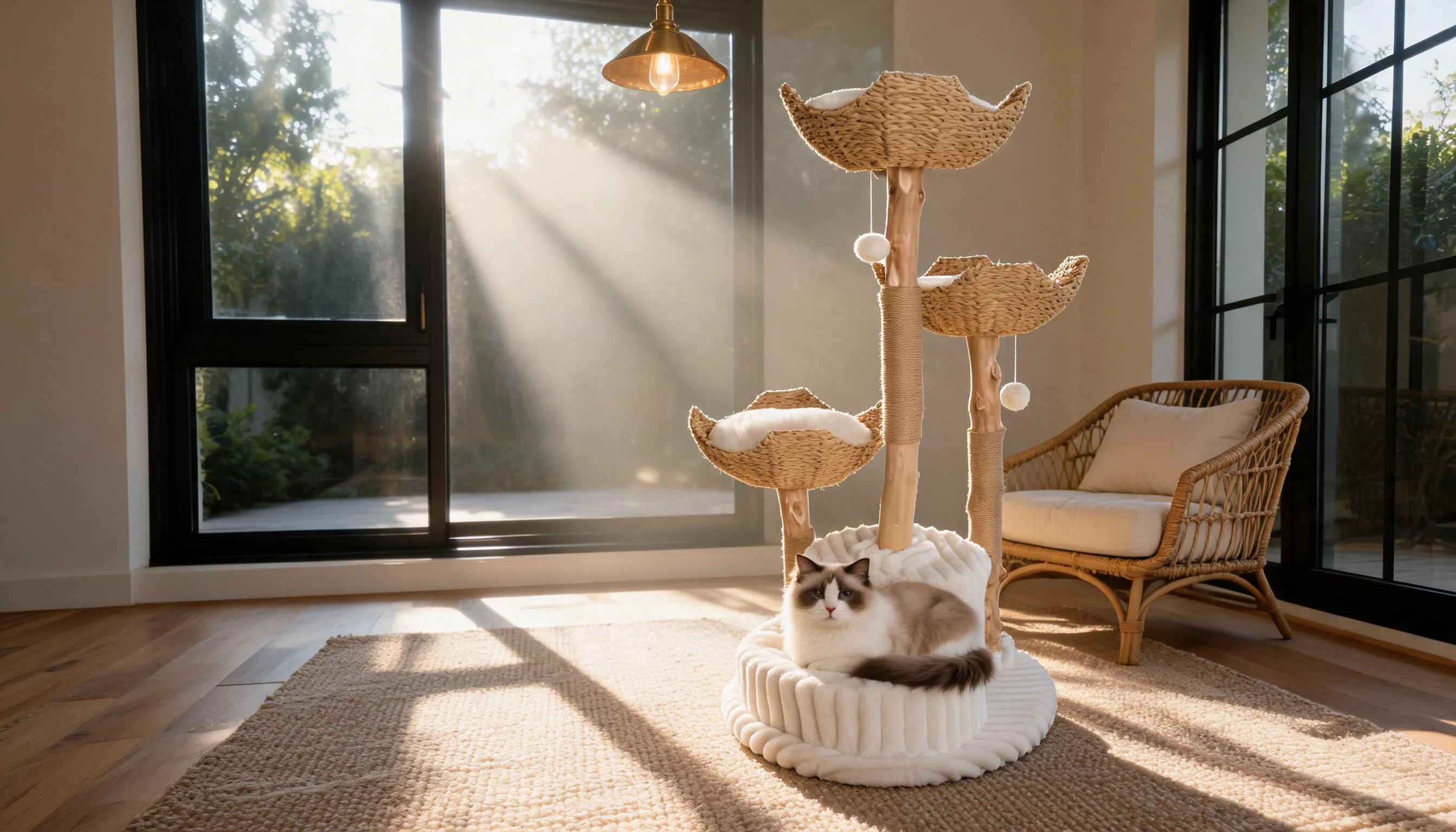 Rattan Cat Tree with Cozy Baskets · Plush Cushioned Base · GuardLynx