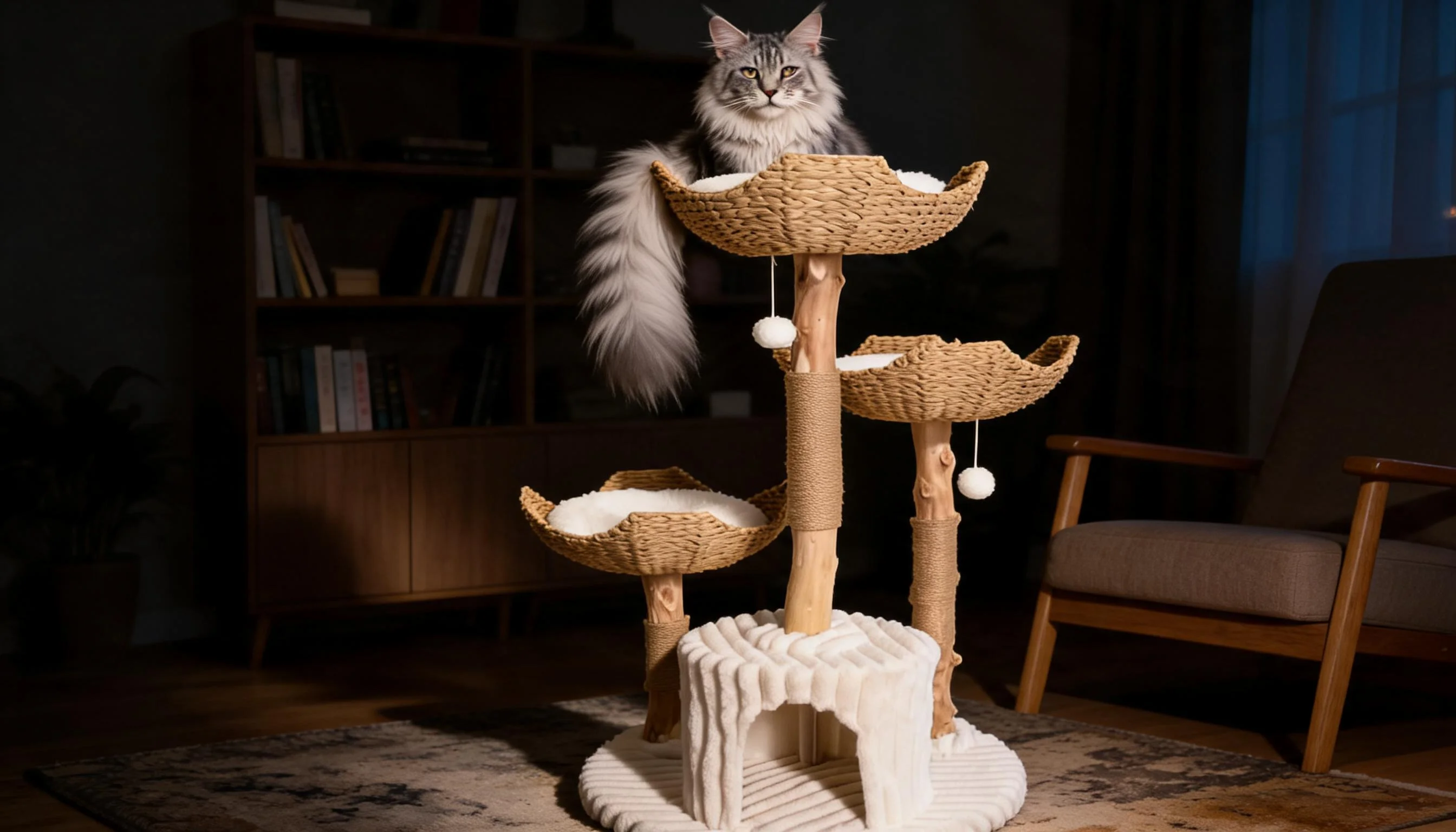 Rattan Cat Tree with Cozy Baskets · Nighttime Observation with Maine Coon · GuardLynx