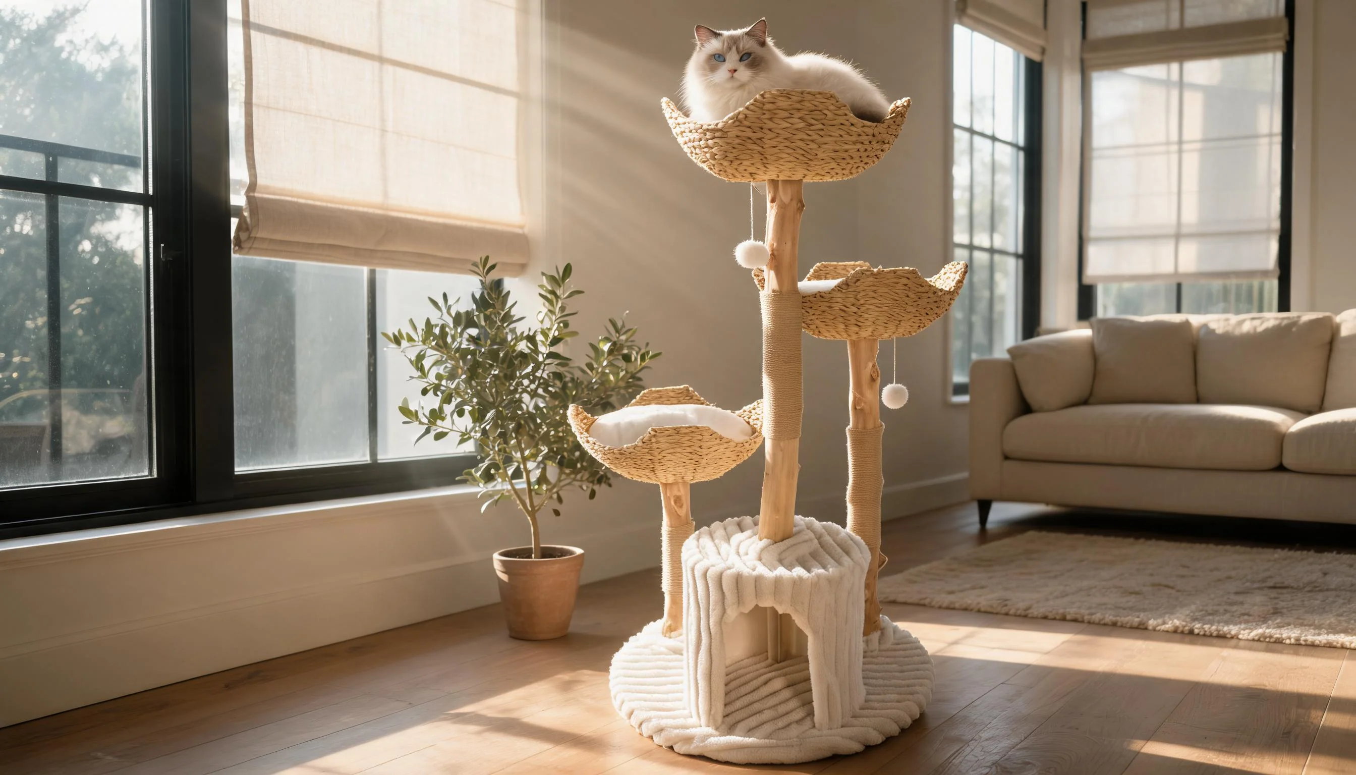 Rattan Cat Tree with Cozy Baskets · Soft Cream · GuardLynx