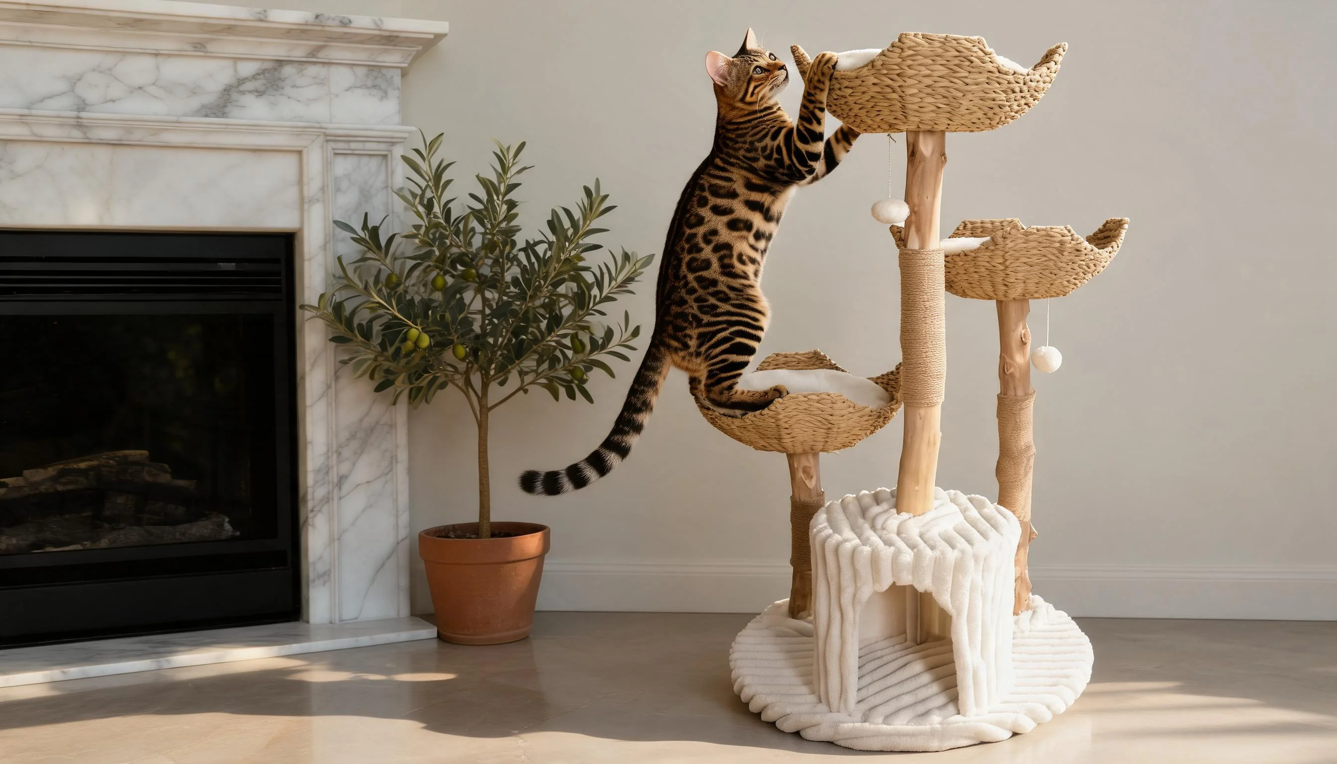Rattan Cat Tree with Cozy Baskets · Afternoon Play with Bengal · GuardLynx
