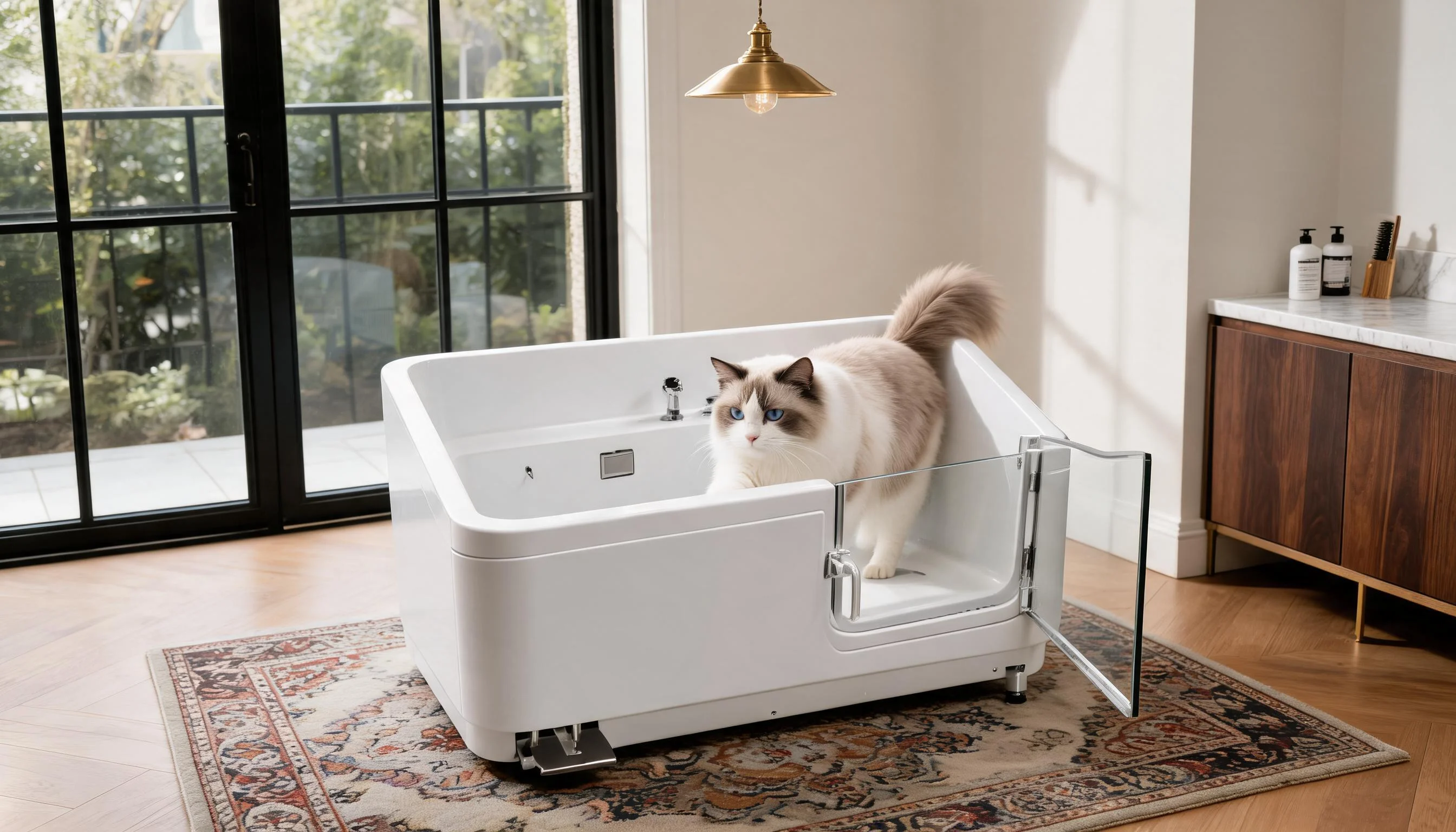 GuardLynx Pet Bathtub Floor Model · Transparent Glass Door · GuardLynx