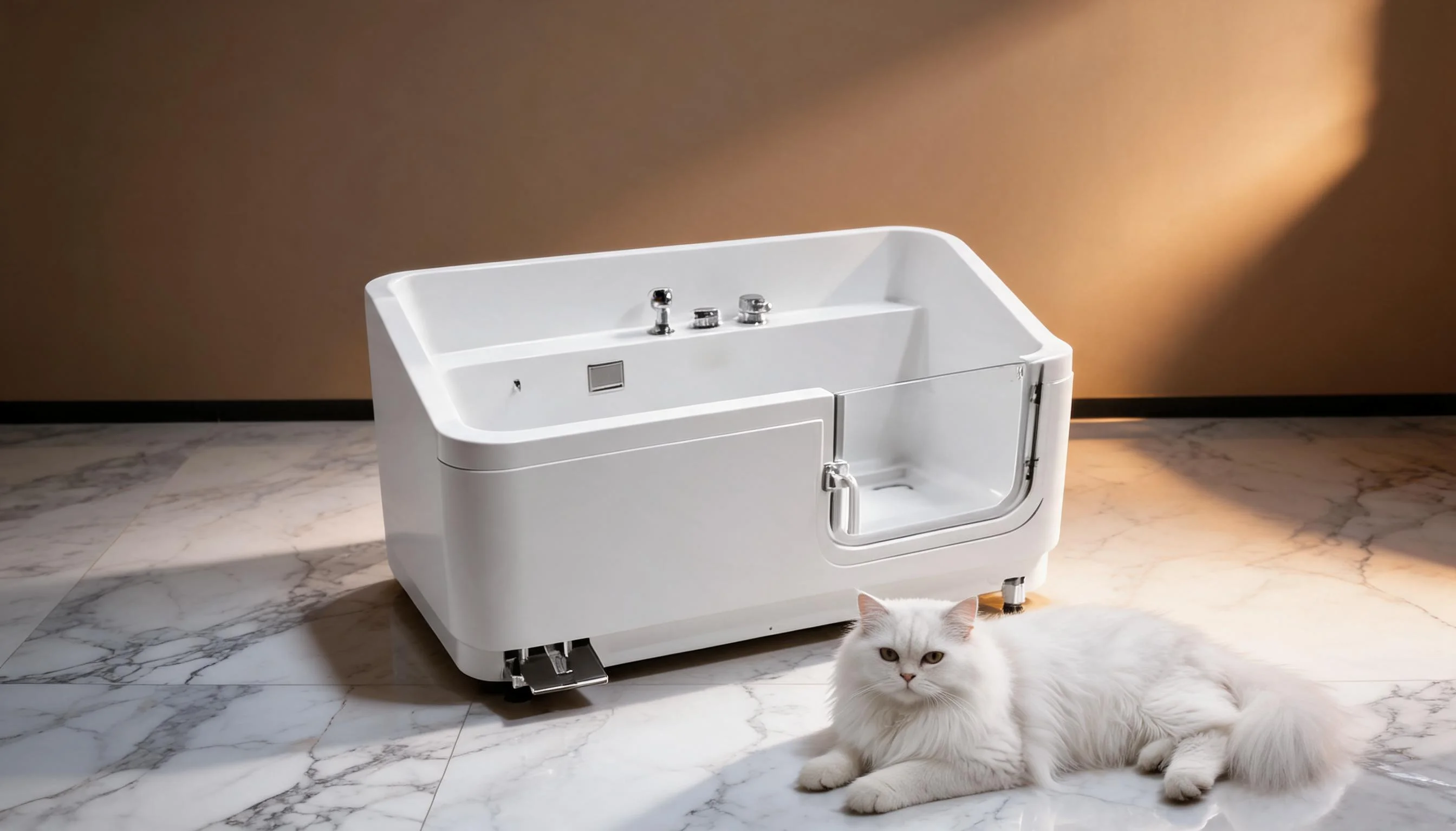 GuardLynx Pet Bathtub Floor Model · Evening Relaxation · GuardLynx