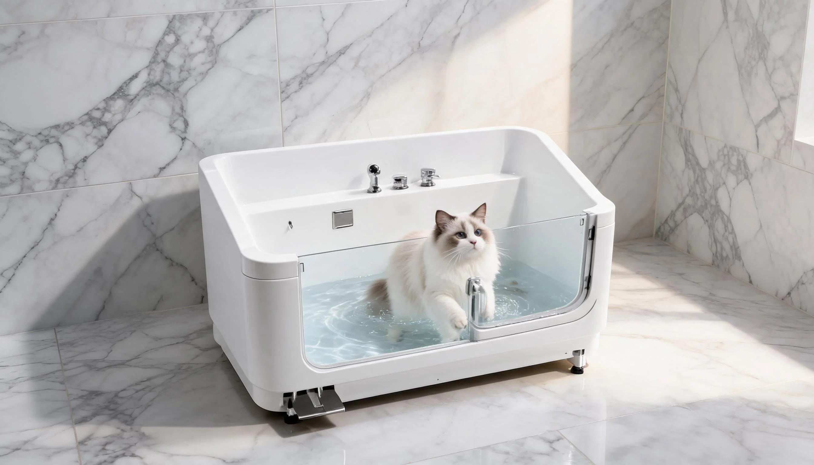 GuardLynx Pet Bathtub Floor Model · Morning Light Bathing · GuardLynx
