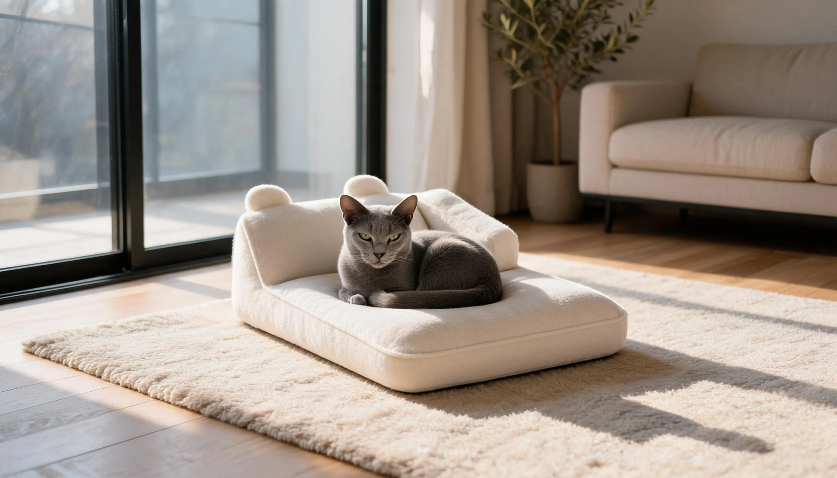 Neck Support Cat Bed with Armrest · Soft White · GuardLynx