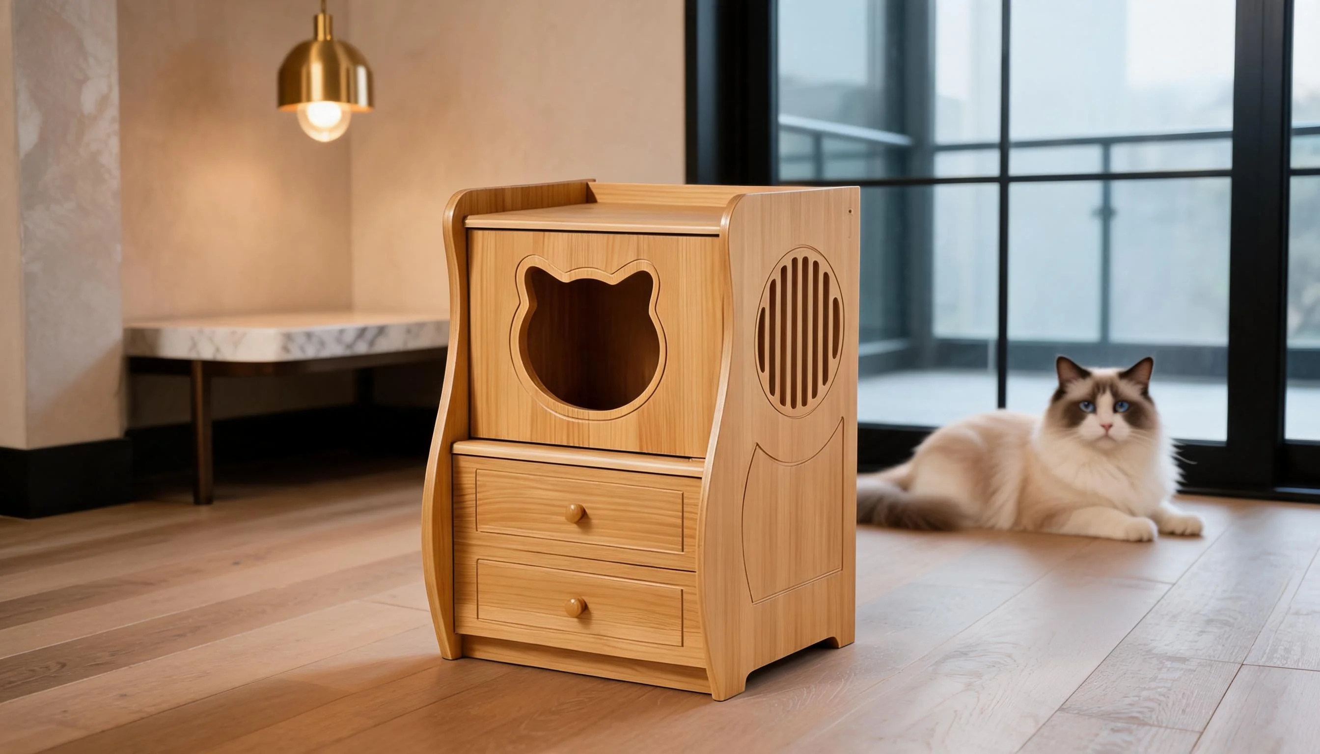 Peacock Pine Nightstand Cat Bed for Humans & Pets · Detail image 1 · GuardLynx