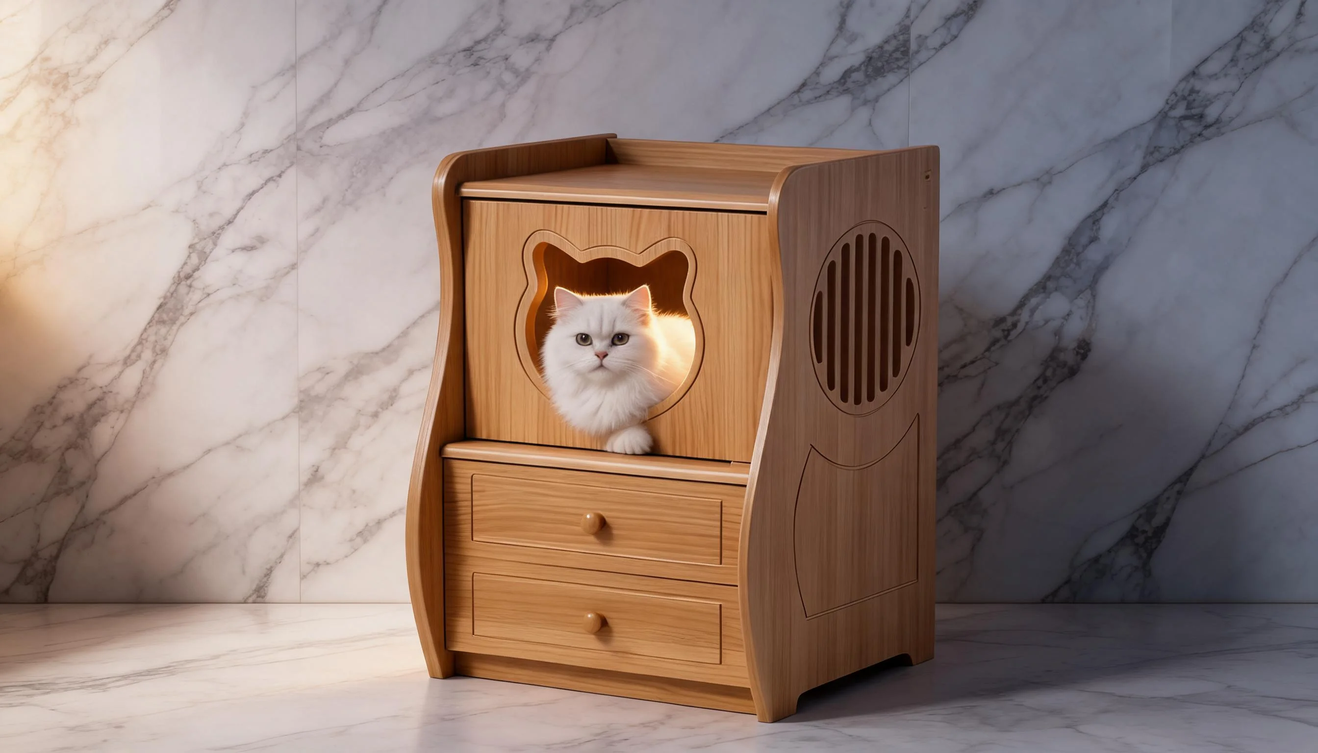 Peacock Pine Nightstand Cat Bed for Humans & Pets · Marble Elegance · GuardLynx
