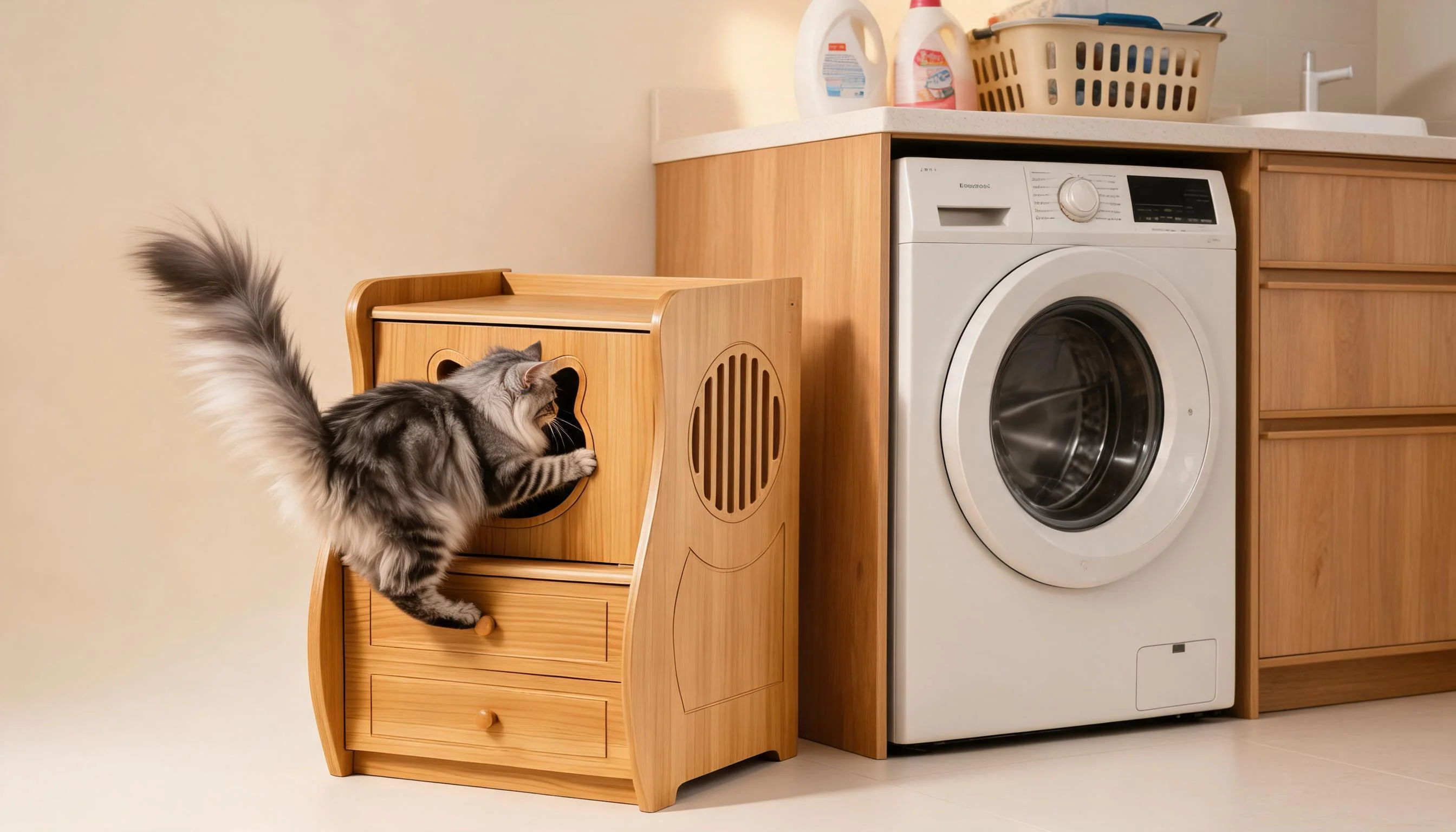 Peacock Pine Nightstand Cat Bed for Humans & Pets · Laundry Room Charm · GuardLynx