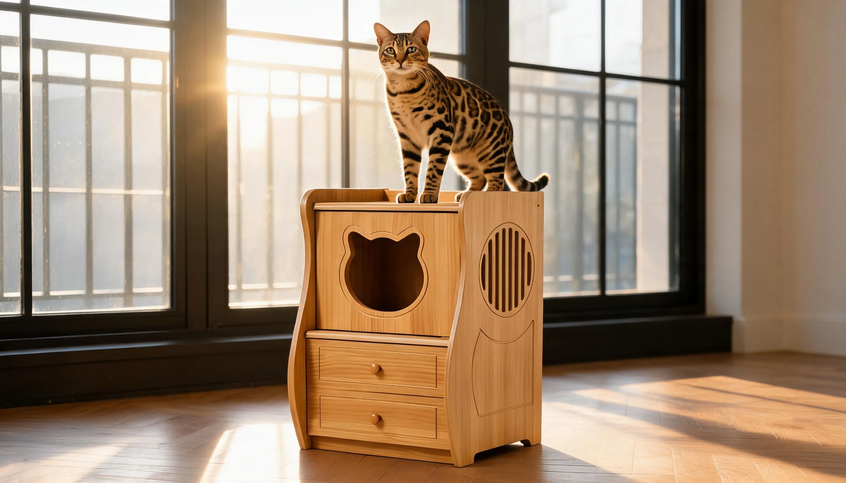 Peacock Pine Nightstand Cat Bed for Humans & Pets · Windowside Afternoon · GuardLynx