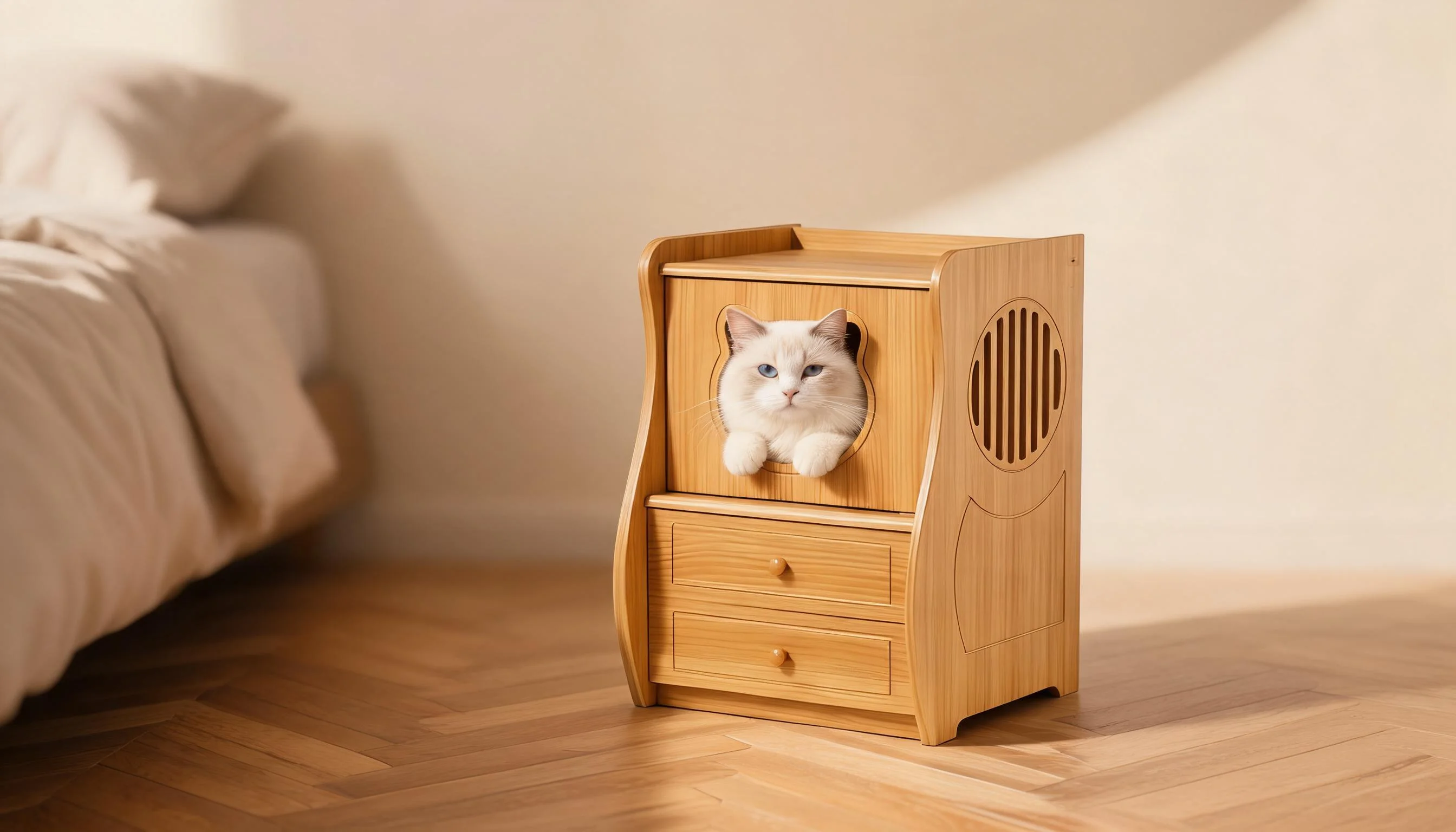 Peacock Pine Nightstand Cat Bed for Humans & Pets · Bedside Serenity · GuardLynx