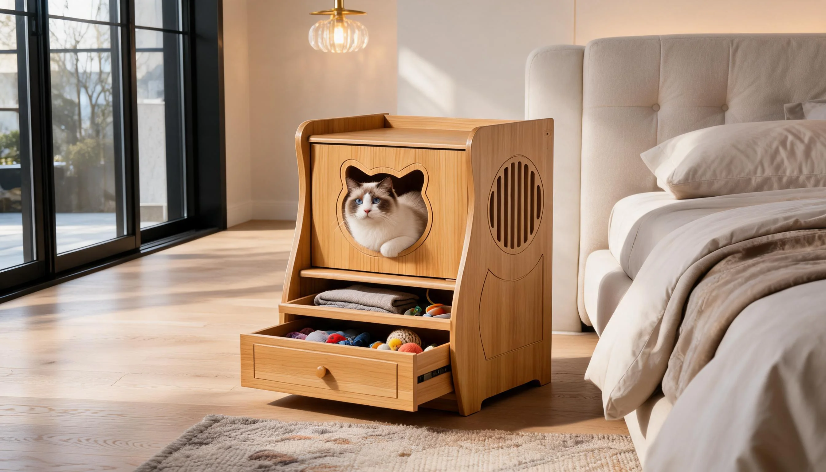 Peacock Pine Nightstand Cat Bed for Humans & Pets · Dual Drawer Storage · GuardLynx